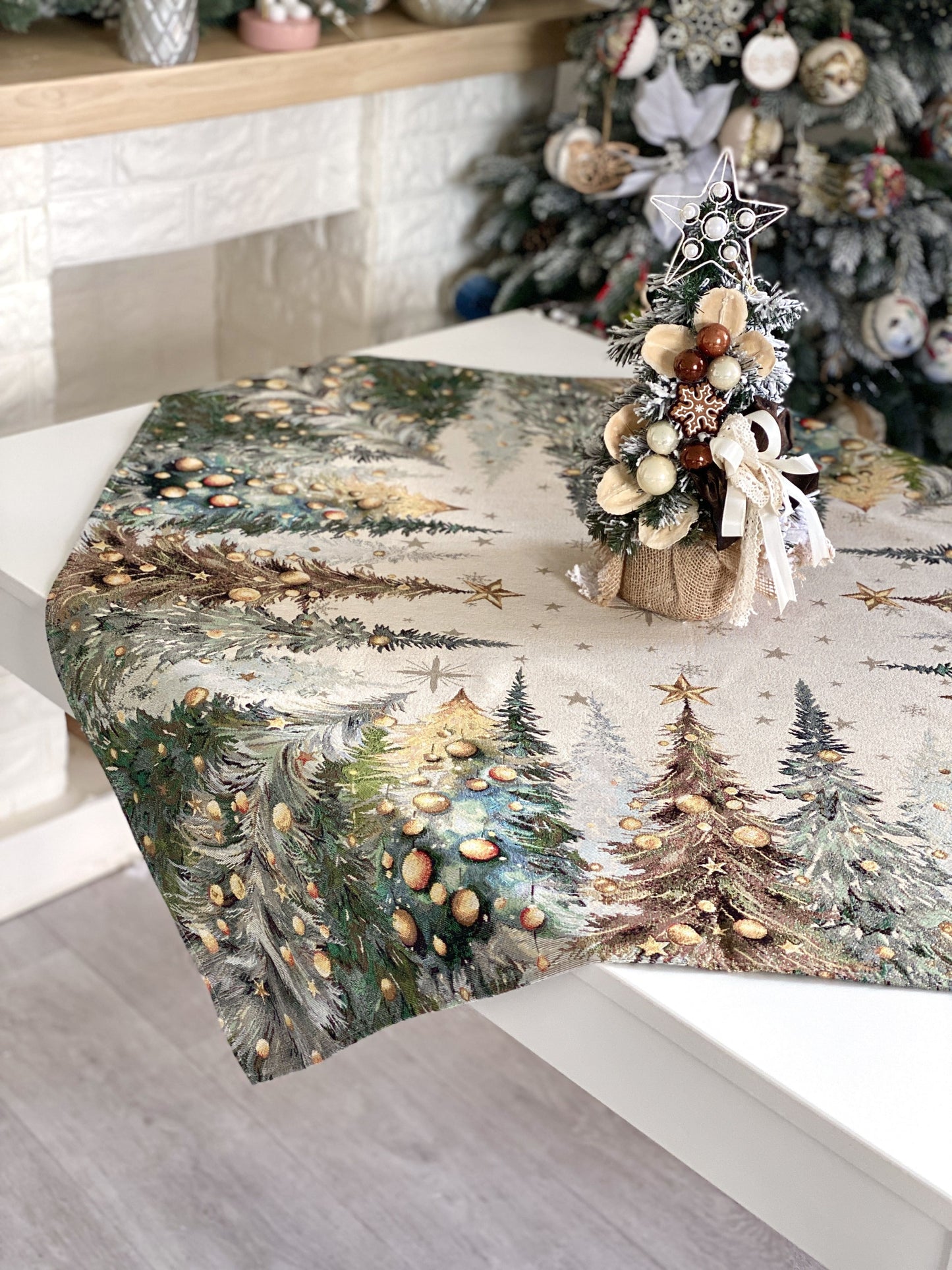 Christmas Tablecloth «Evergreen Magic» with Golden Lurex - Luxury Tapestry