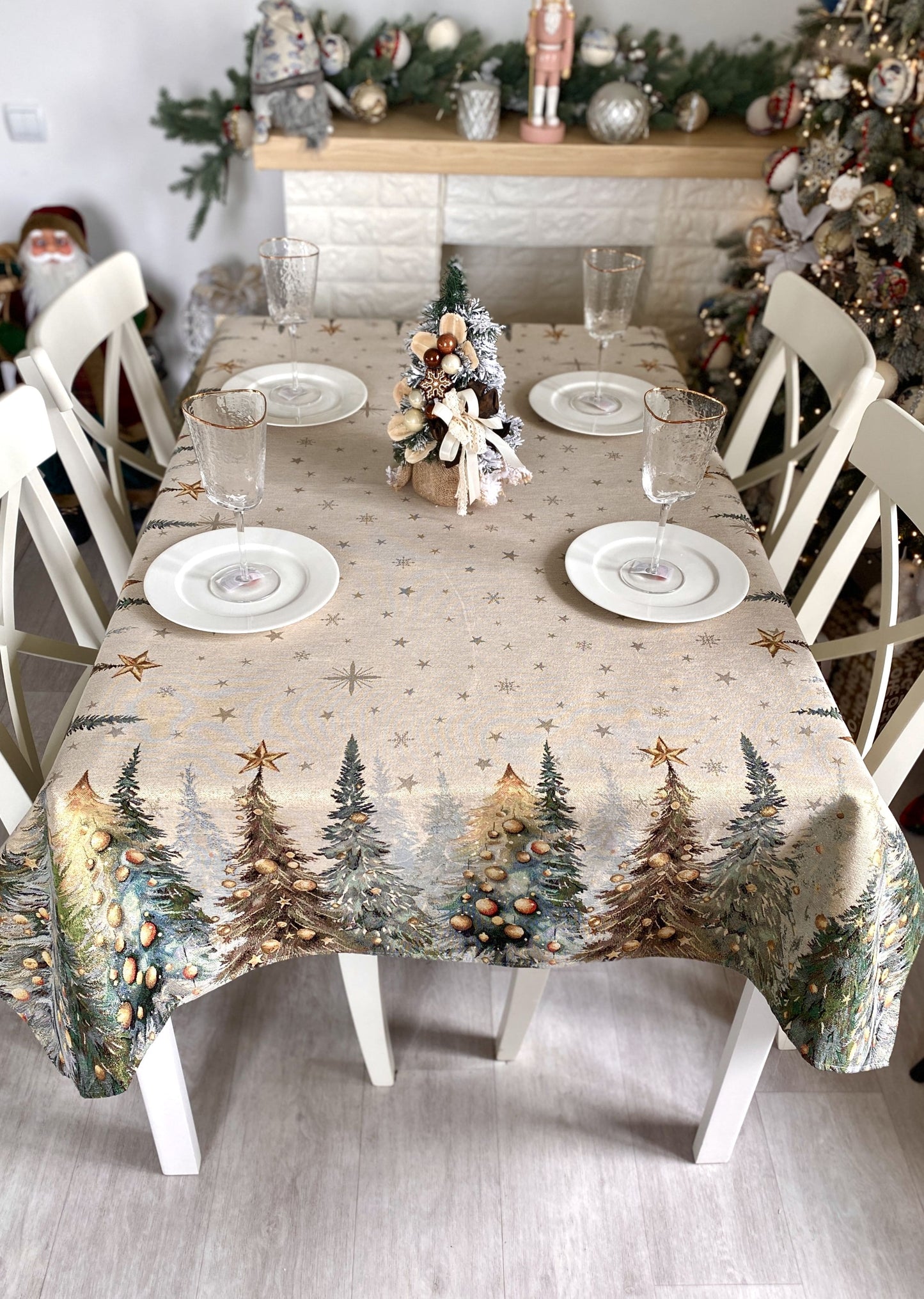 Christmas Tablecloth «Evergreen Magic» with Golden Lurex - Luxury Tapestry