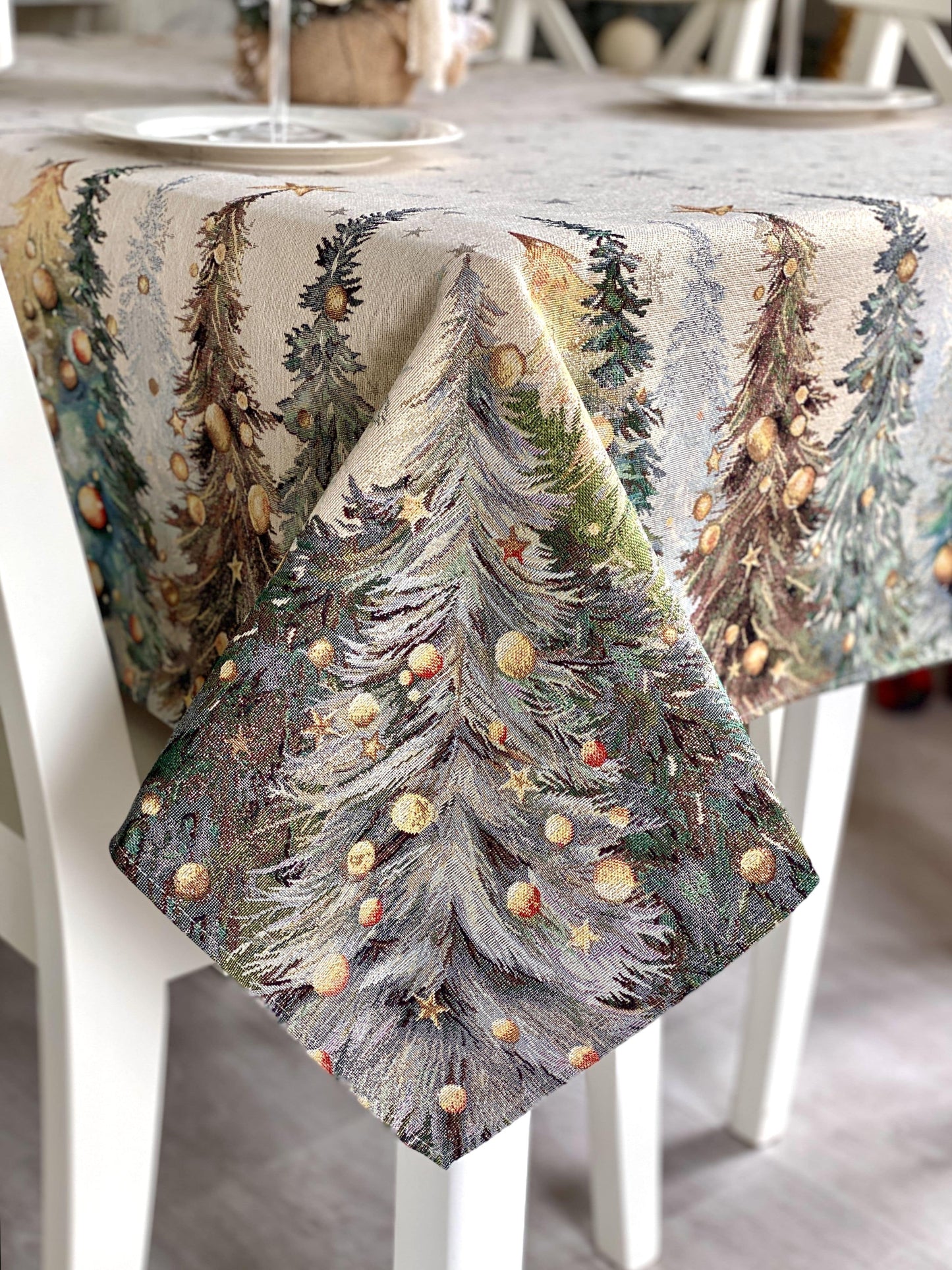Christmas Tablecloth «Evergreen Magic» with Golden Lurex - Luxury Tapestry