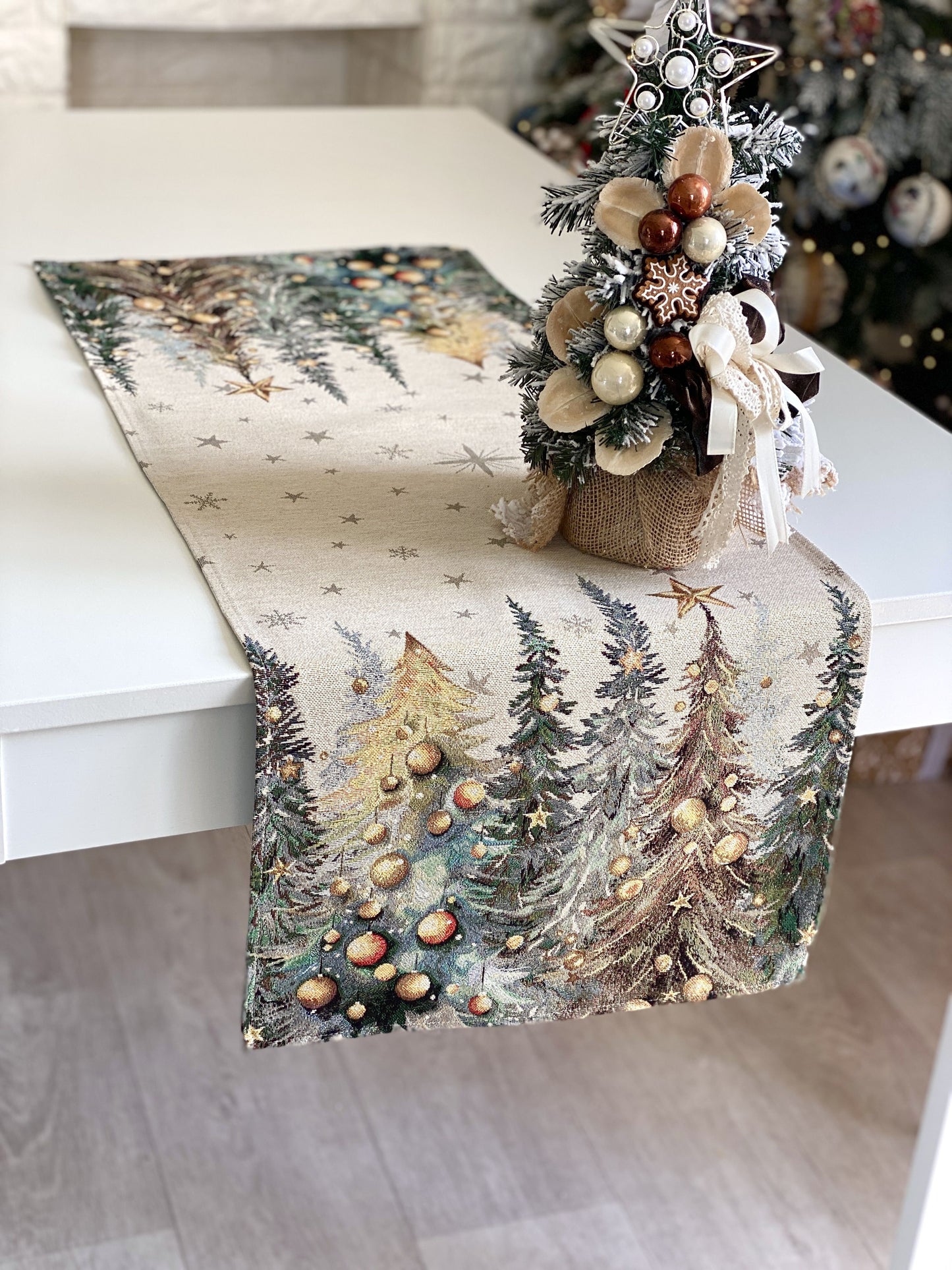 Christmas Table Runner «Evergreen Magic» with Golden Lurex - Luxury Tapestry