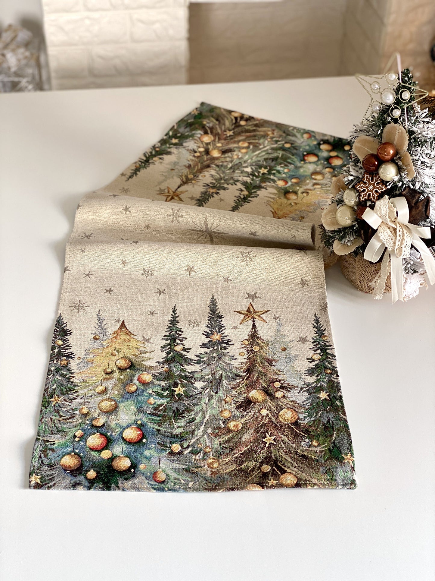 Christmas Table Runner «Evergreen Magic» with Golden Lurex - Luxury Tapestry