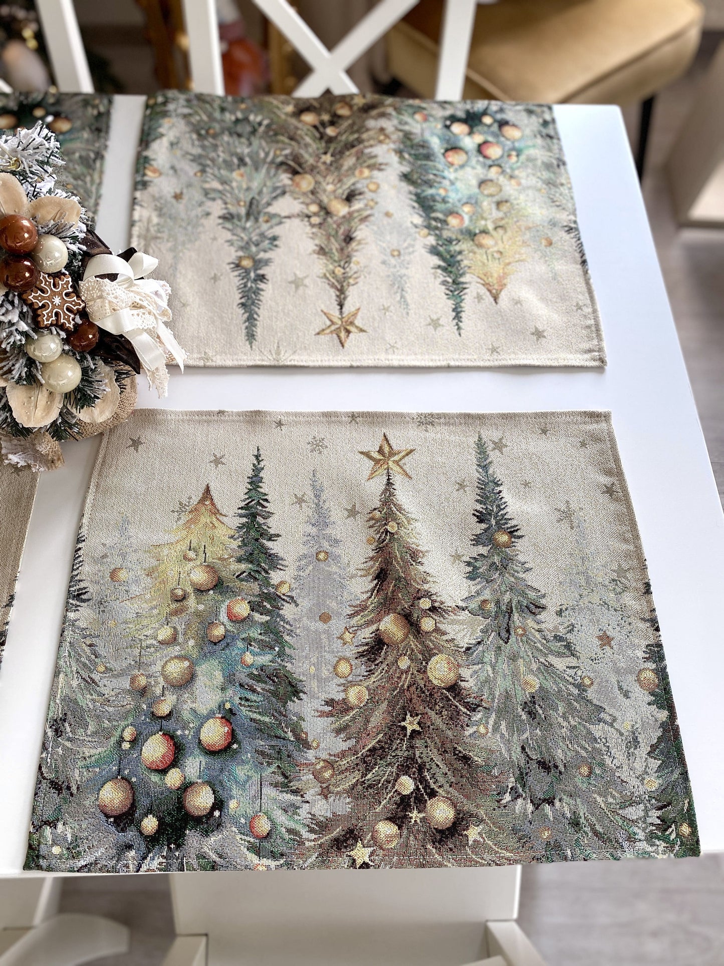 Christmas Placemat set «Evergreen Magic» with Golden Lurex - Luxury Tapestry