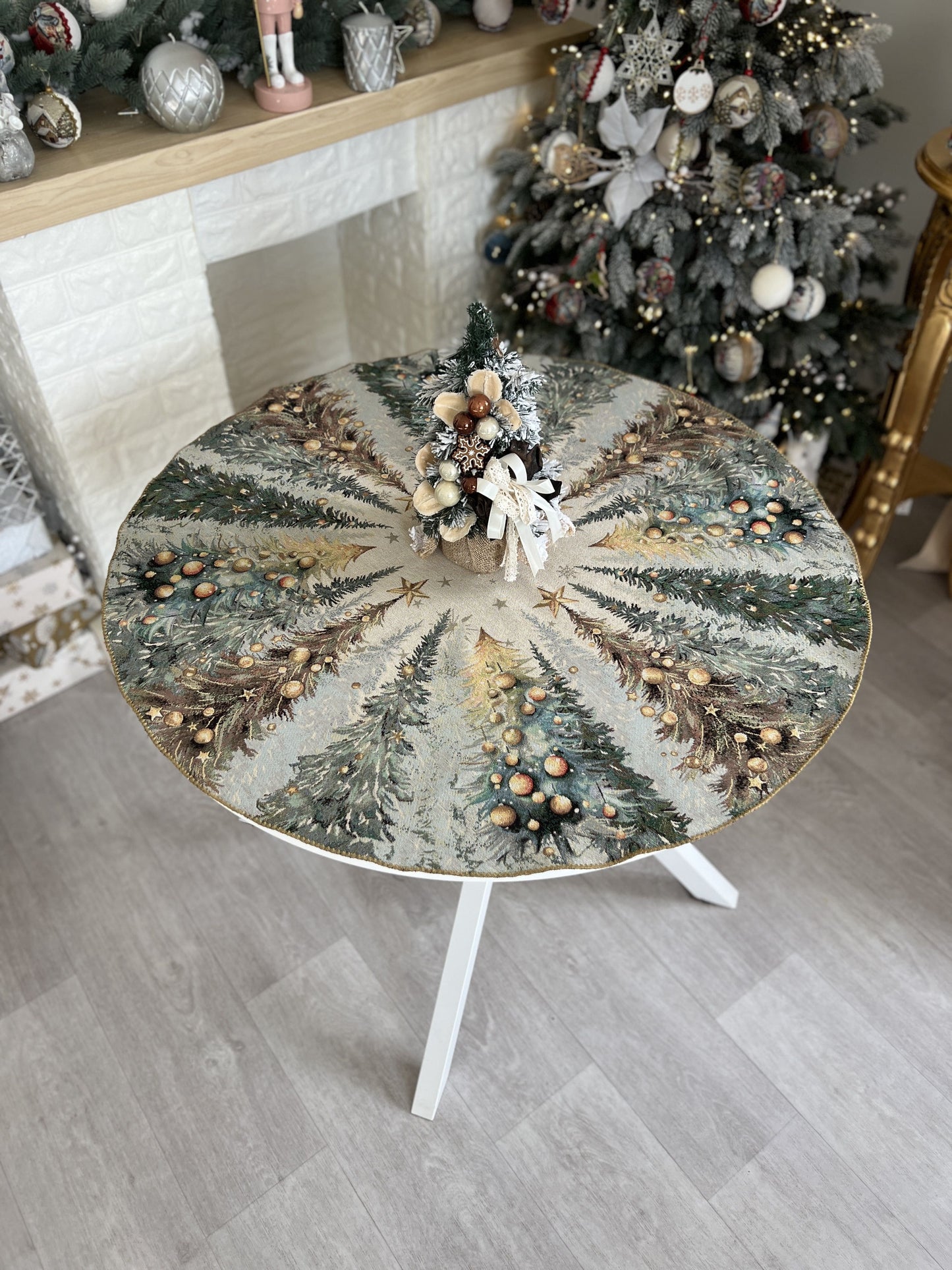 Christmas Round Tablecloth «Evergreen Magic» with Golden Lurex - Luxury Tapestry