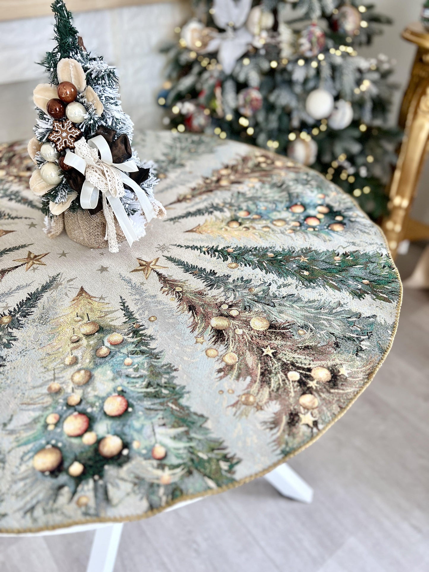 Christmas Round Tablecloth «Evergreen Magic» with Golden Lurex - Luxury Tapestry