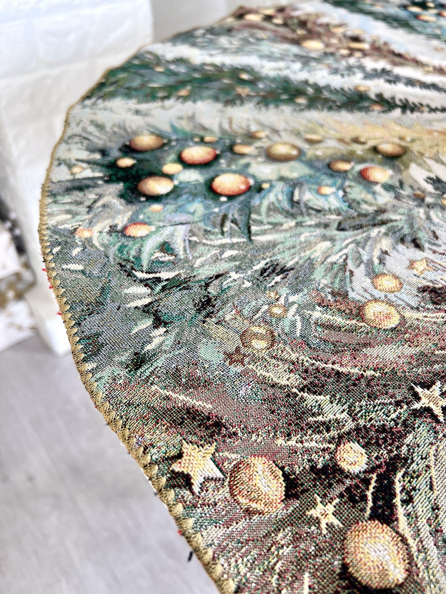 Christmas Round Tablecloth «Evergreen Magic» with Golden Lurex - Luxury Tapestry