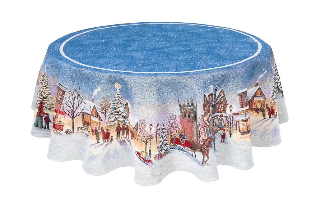 Christmas Round Tablecloth «Enchanted Carol Nights» with Golden Lurex - Luxury Tapestry