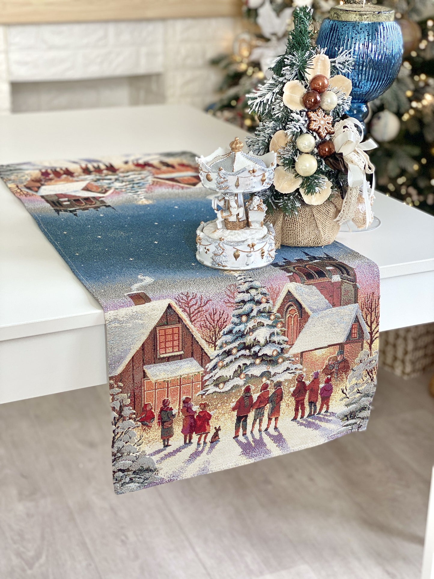Christmas Table Runner «Enchanted Carol Nights» with Golden Lurex - Luxury Tapestry