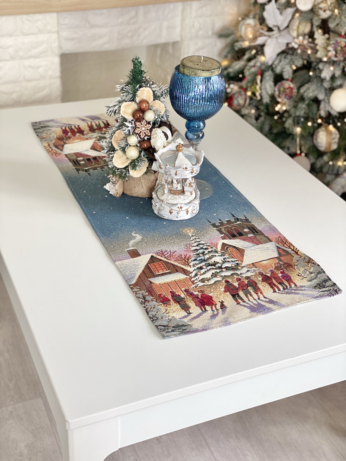 Christmas Table Runner «Enchanted Carol Nights» with Golden Lurex - Luxury Tapestry