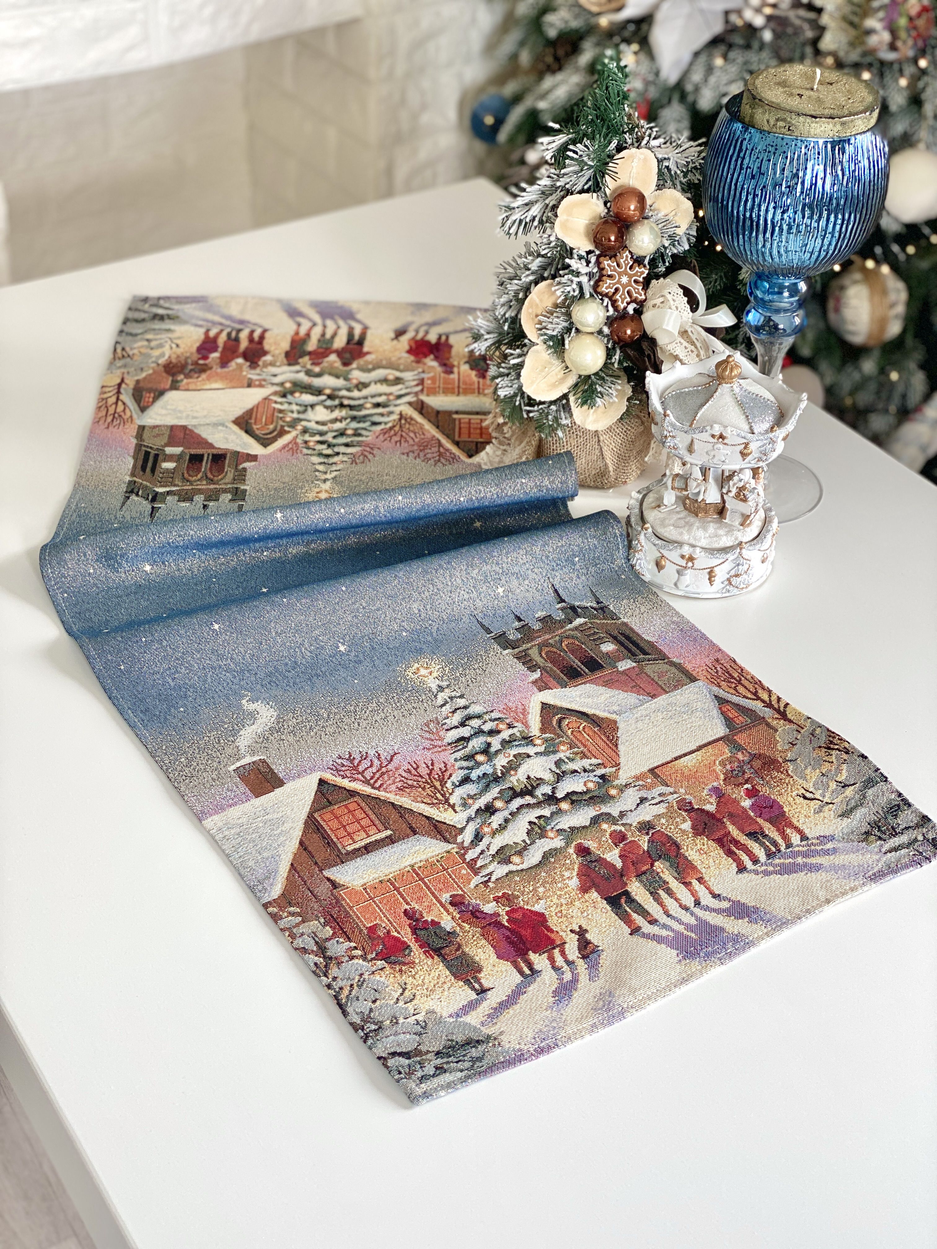 Christmas Table Runner «Enchanted Carol Nights» with Golden Lurex - Luxury Tapestry - Textile4Family
