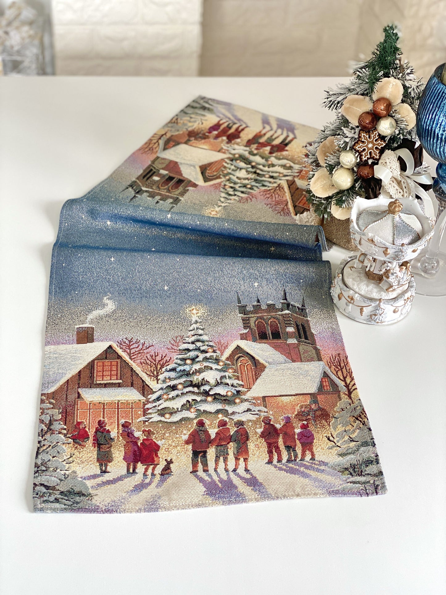 Christmas Table Runner «Enchanted Carol Nights» with Golden Lurex - Luxury Tapestry