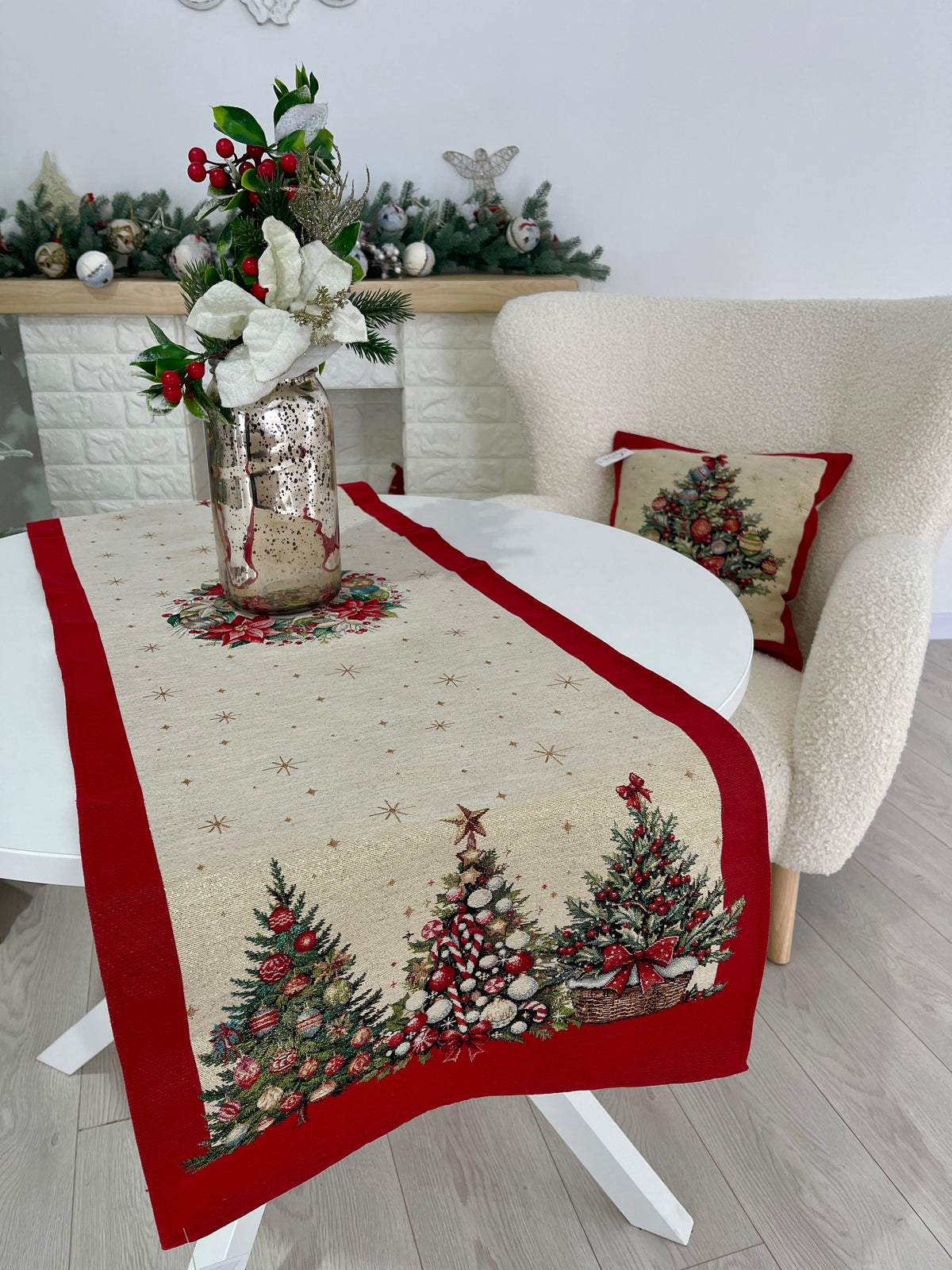 Christmas Table Runner «Christmas traditions» with golden thread - High quality tapestry