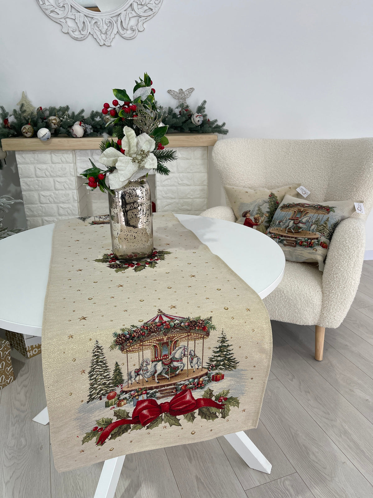 Christmas Table Runner «Christmas Wonderland» with golden thread - High quality tapestry