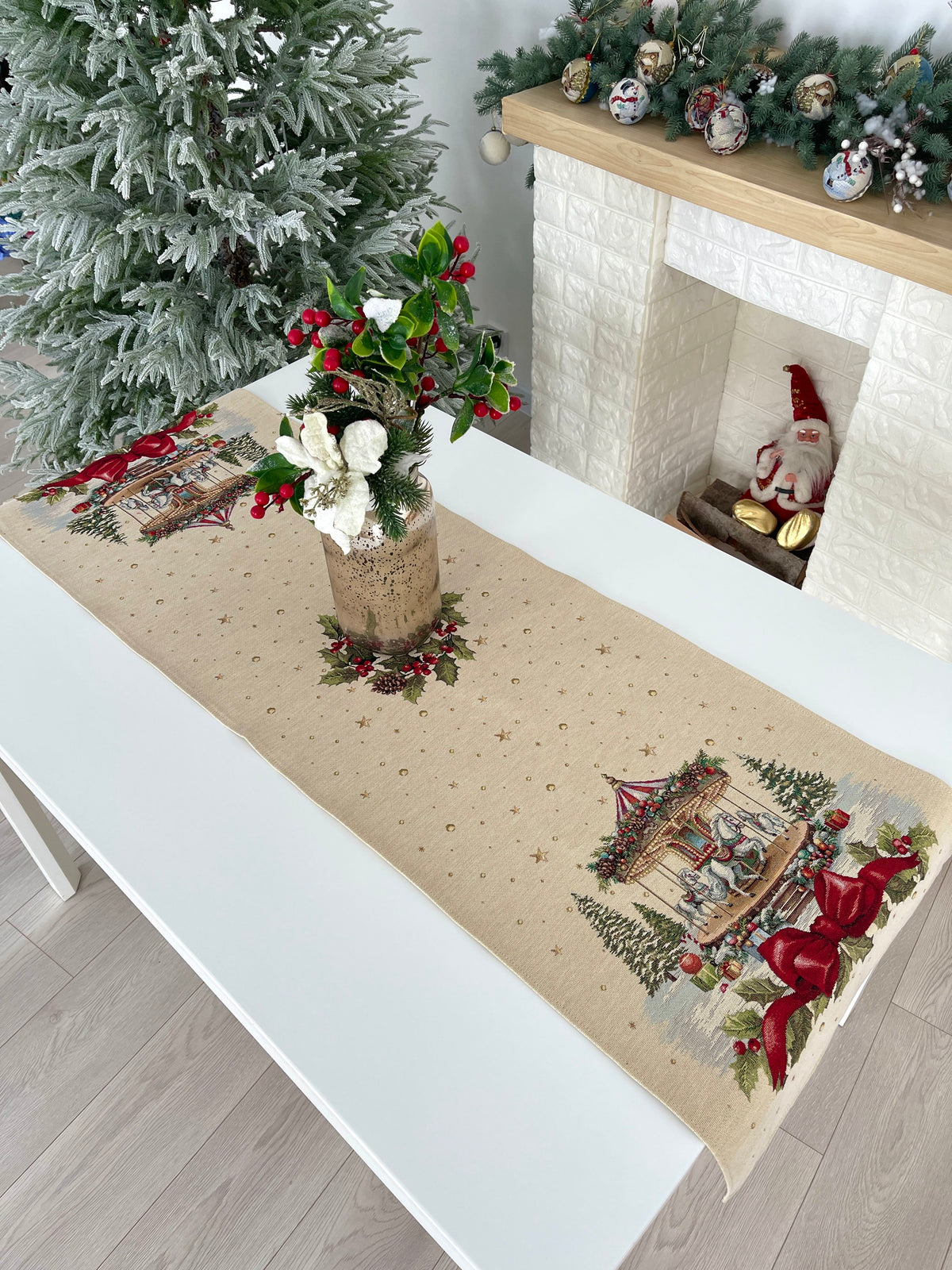 Christmas Table Runner «Christmas Wonderland» with golden thread - High quality tapestry