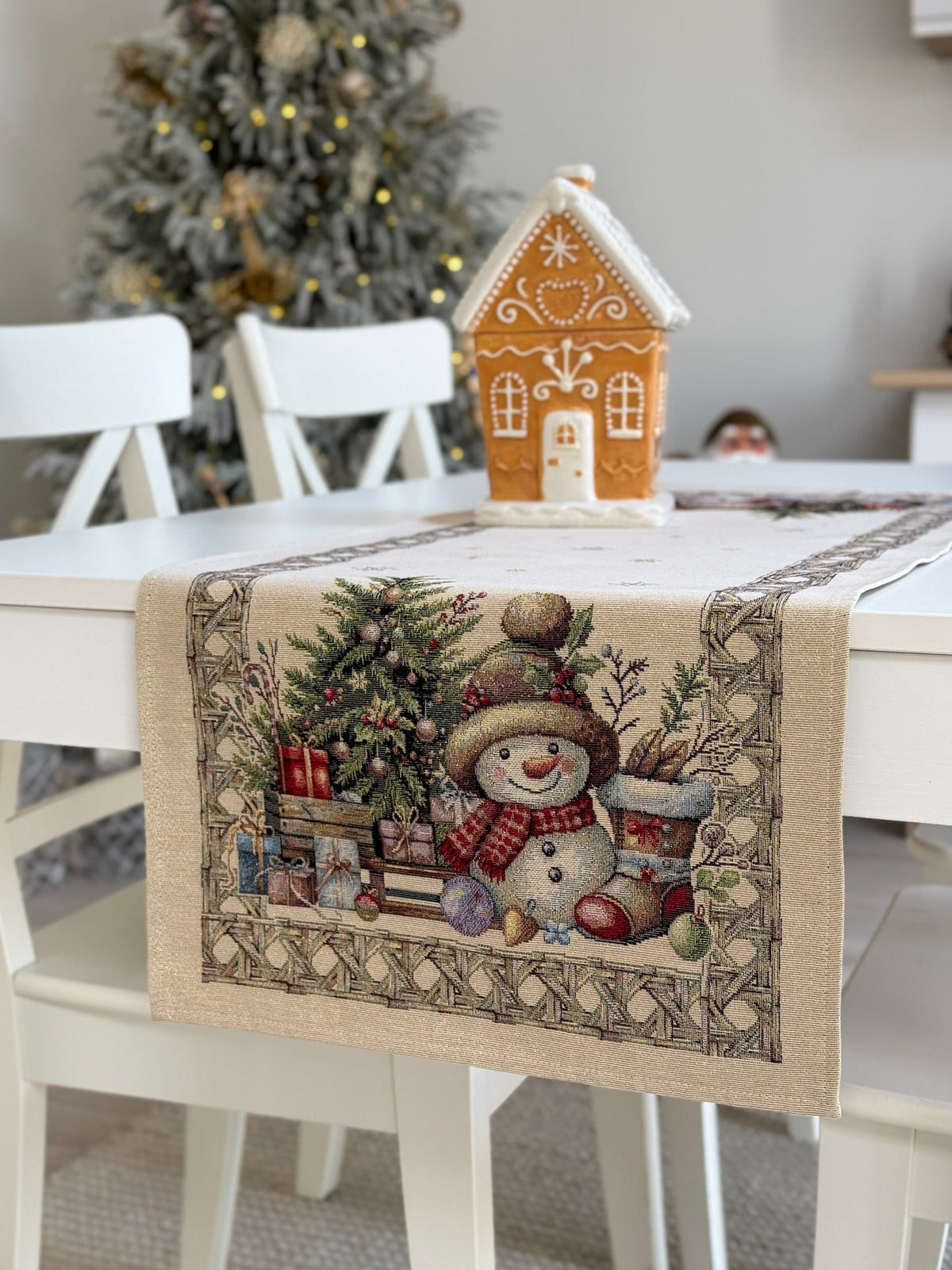 Christmas Table Runner «Golden Winter Tale» with golden thread - High quality tapestry