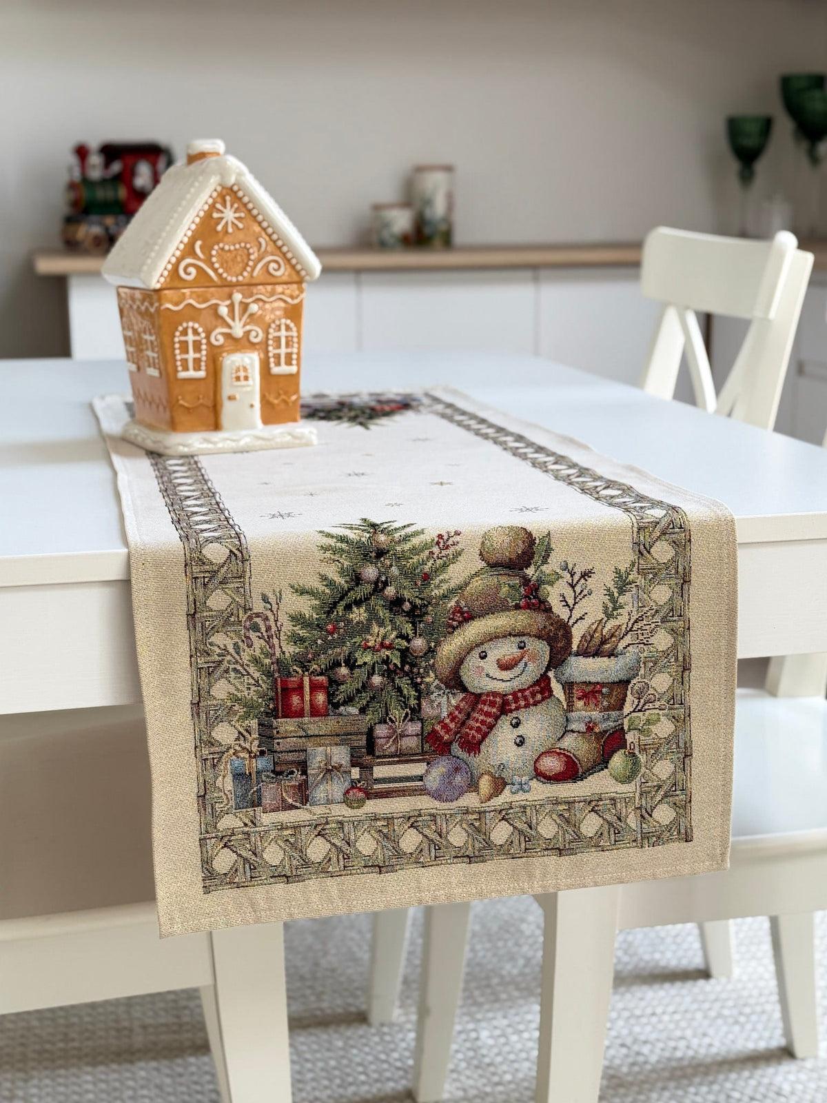 Christmas Table Runner «Golden Winter Tale» with golden thread - High quality tapestry