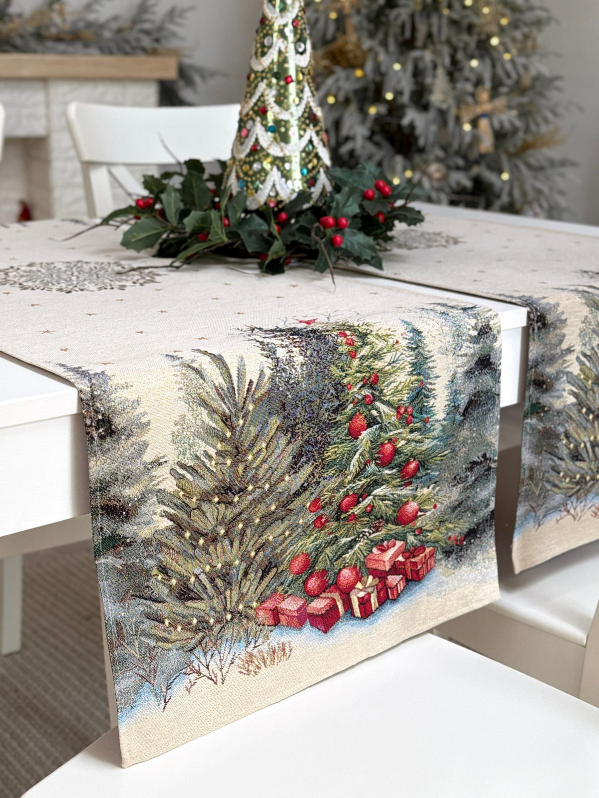 Christmas Table Runner «Winter Evergreen» with golden thread - High quality tapestry