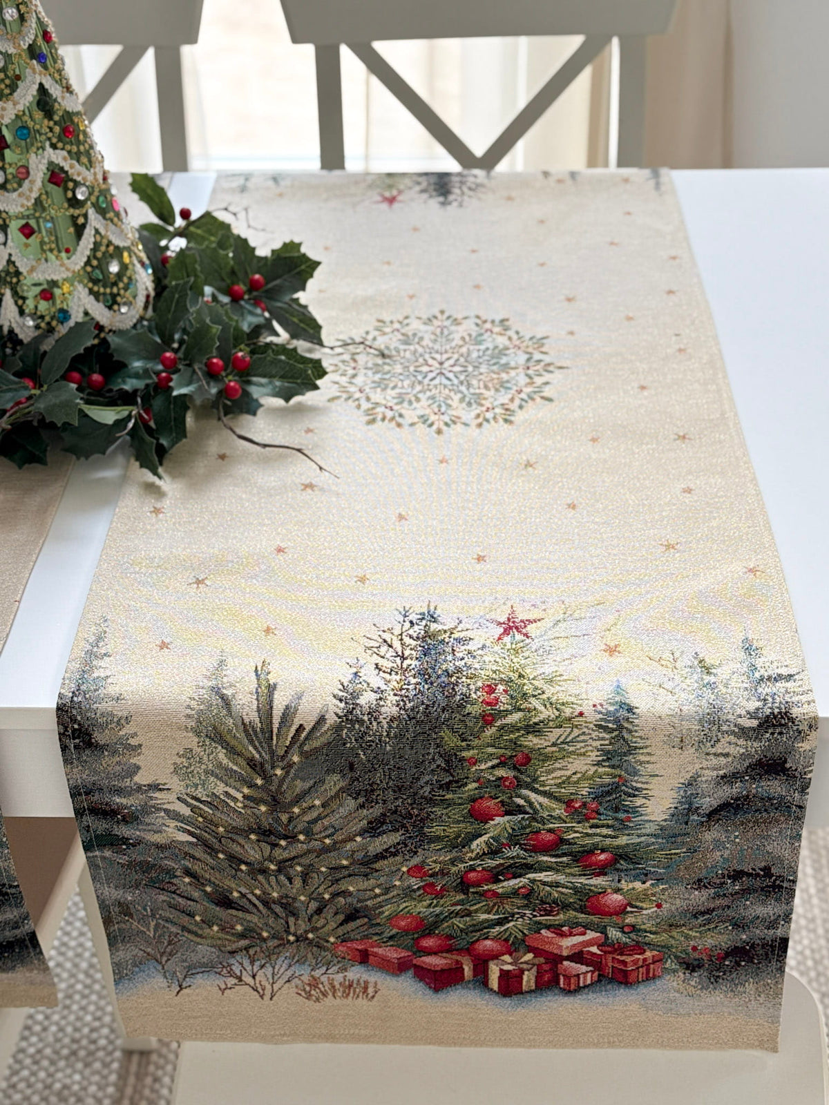 Christmas Table Runner «Winter Evergreen» with golden thread - High quality tapestry