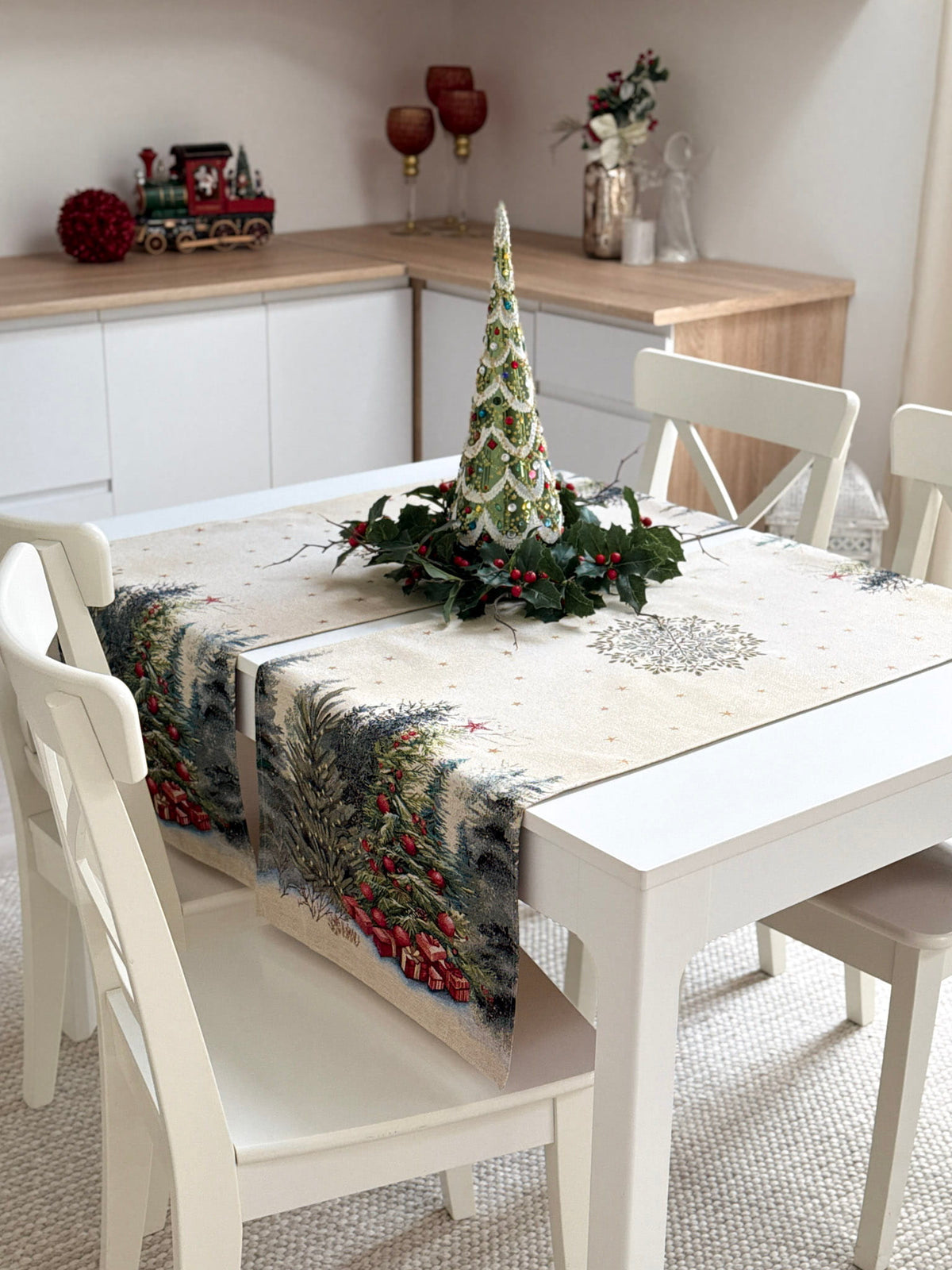Christmas Table Runner «Winter Evergreen» with golden thread - High quality tapestry