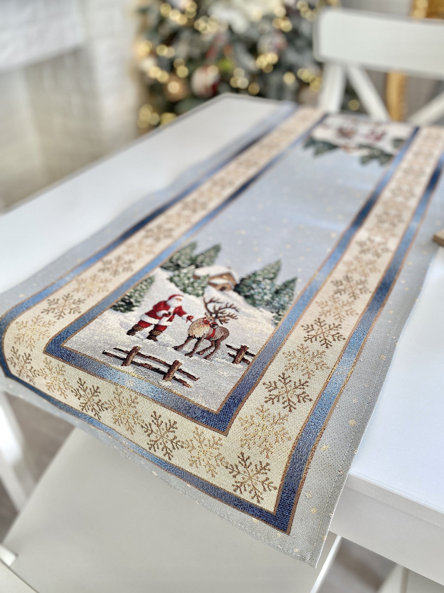 Christmas Tapestry Table runner «Christmas in Highlands» with golden thread Limaso Textile