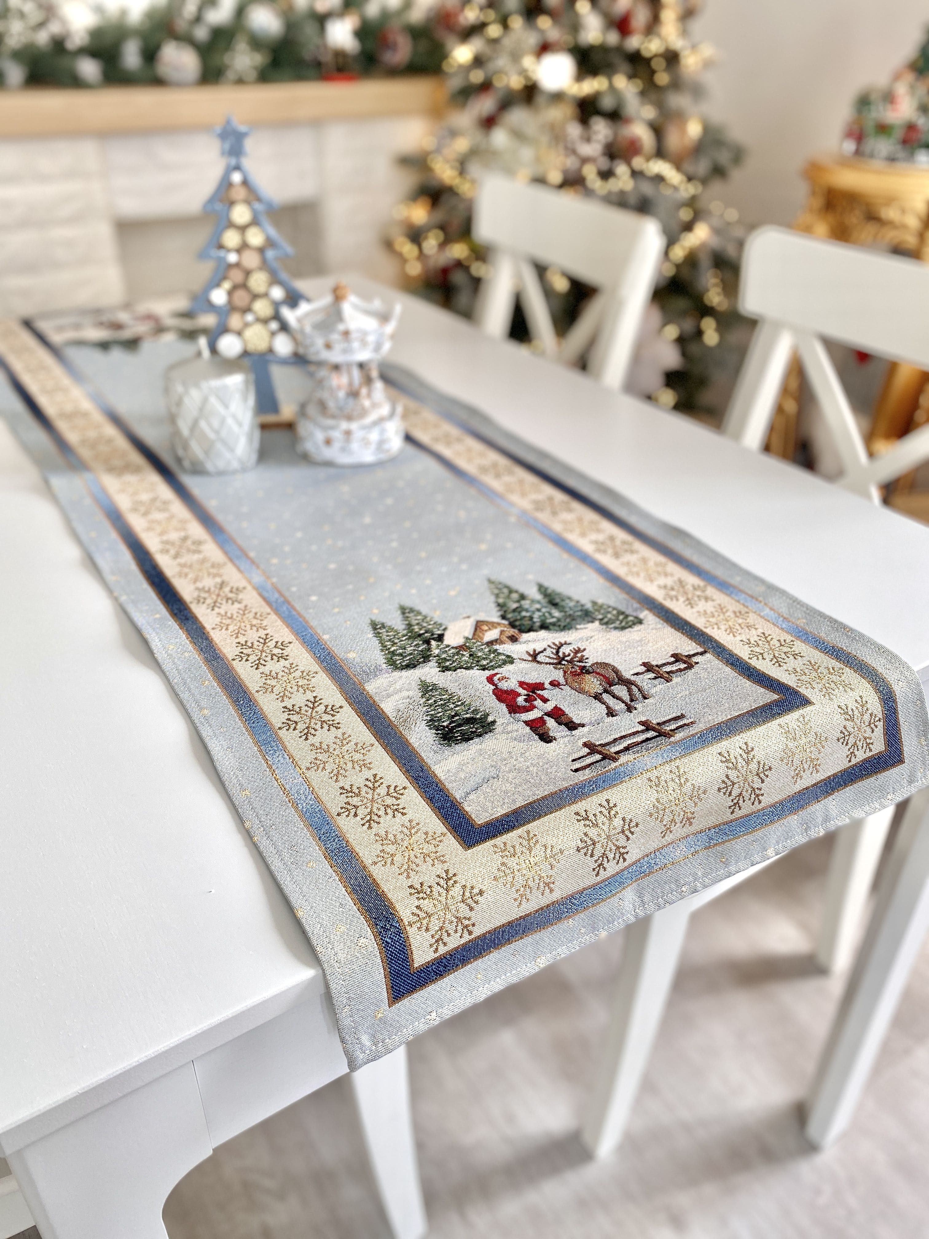 Christmas Tapestry Table runner «Christmas in Highlands» with golden thread Limaso Textile
