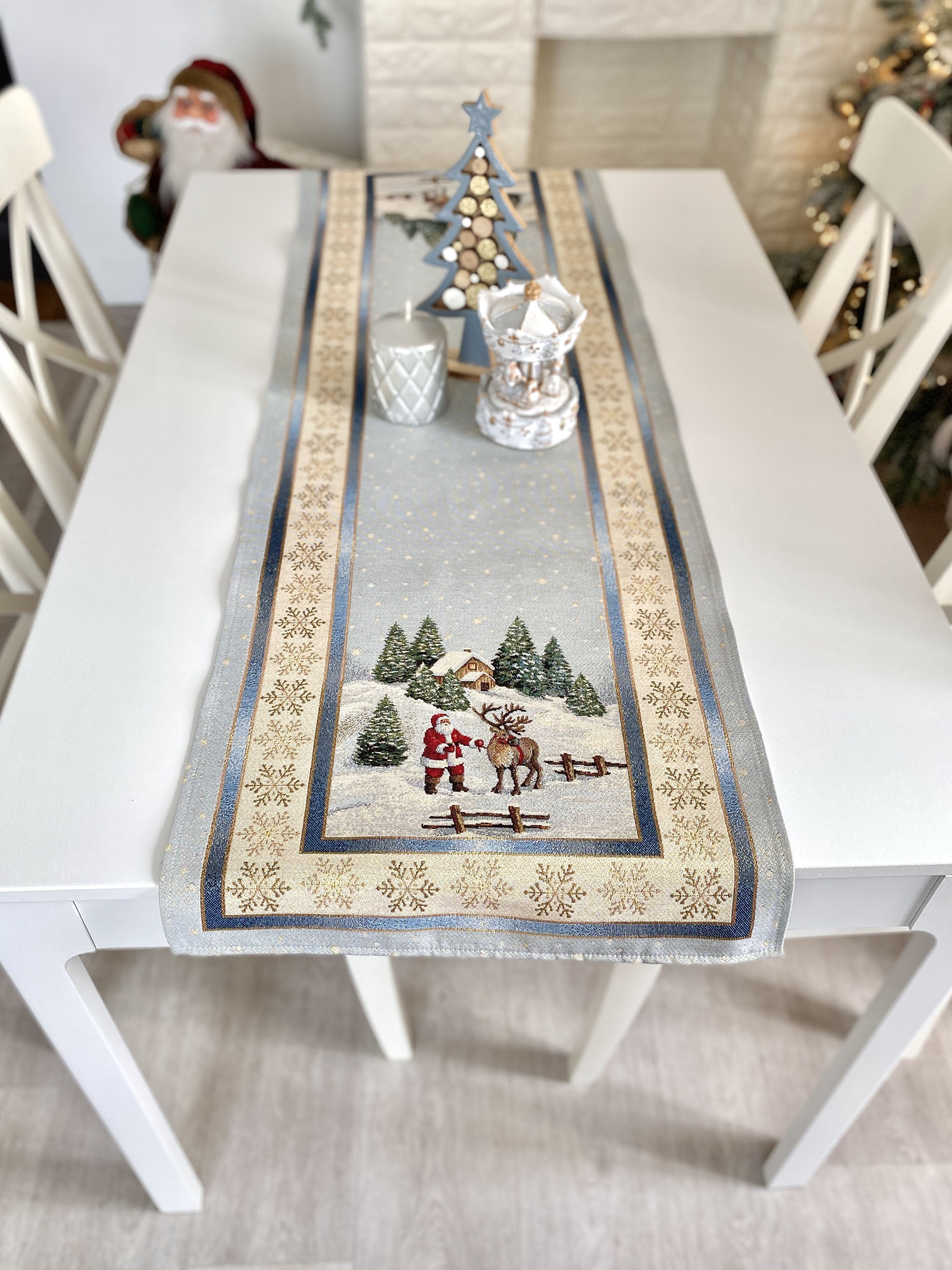 Christmas Tapestry Table runner «Christmas in Highlands» with golden thread Limaso Textile