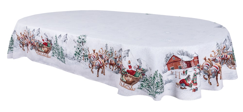 Christmas tapestry oval tablecloth «Santa is coming» With microfibre & silver lurex