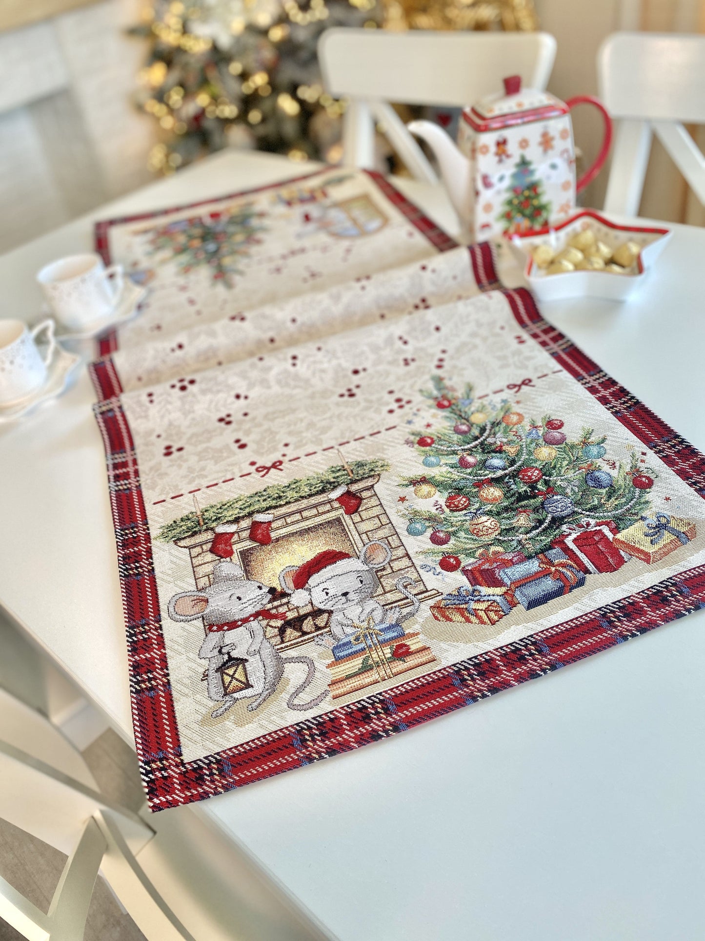 Christmas Tapestry Table runner «Xmas preparations» with silver thread Limaso Textile