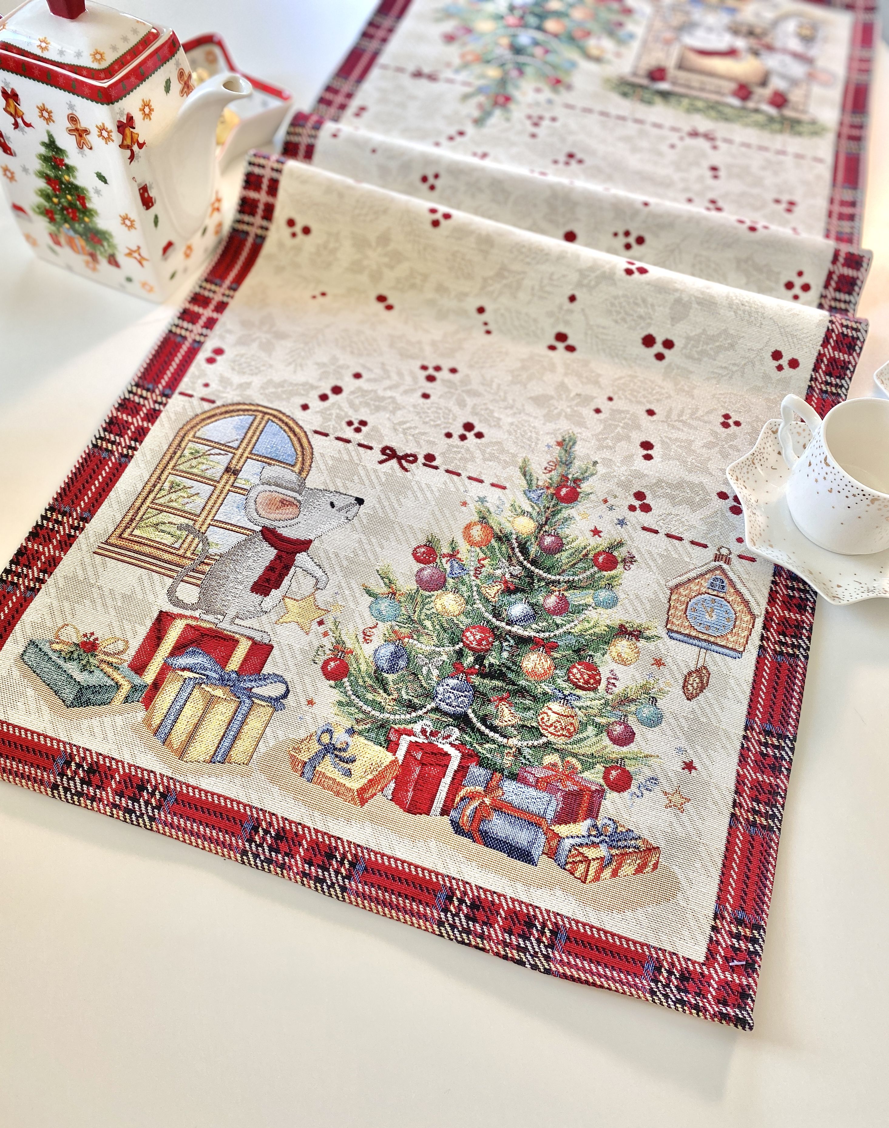 Christmas Tapestry Table runner «Xmas preparations» with silver thread Limaso Textile