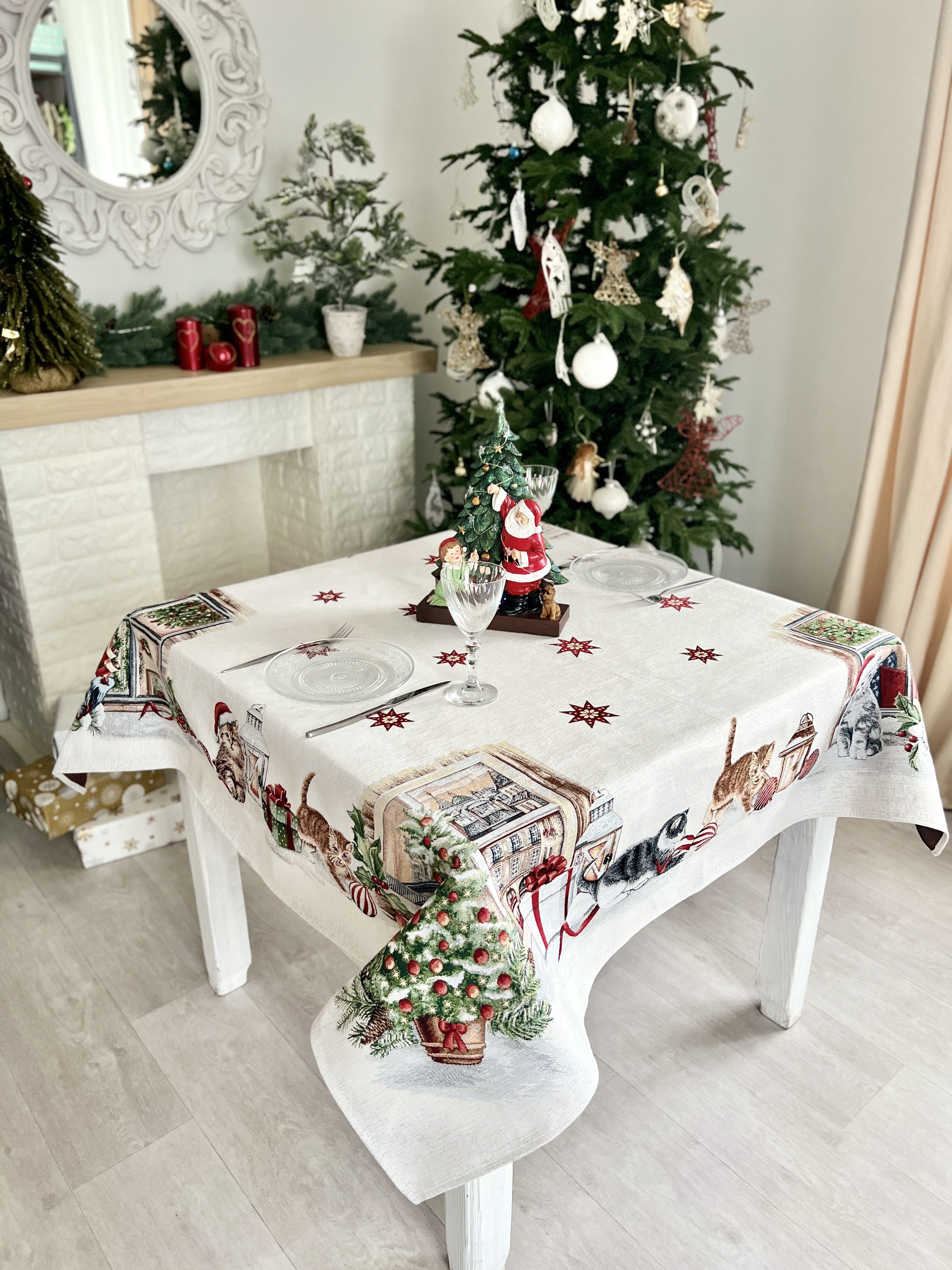 Christmas tapestry tablecloth «Christmas kittens» With microfibre & silver lurex Limaso Textile