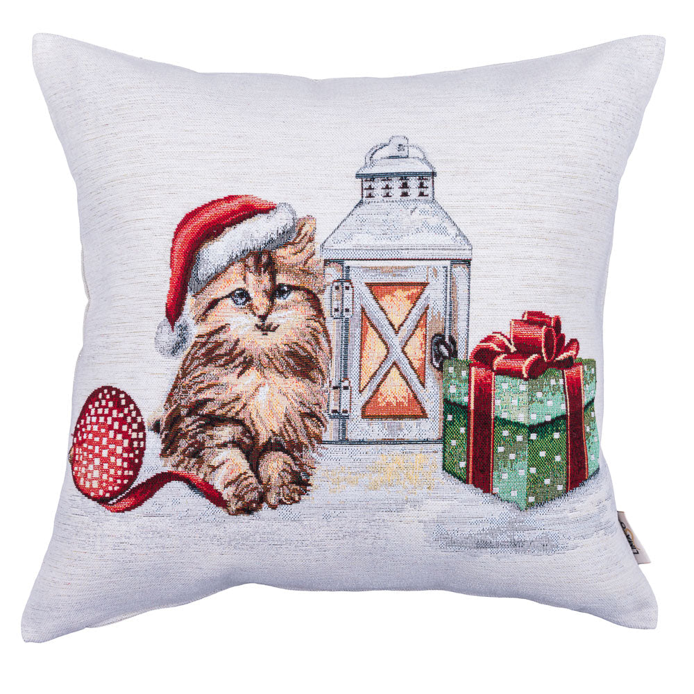 Winter Holiday tapestry cushion cover «Christmas kittens» With microfibre & silver lurex Limaso Textile