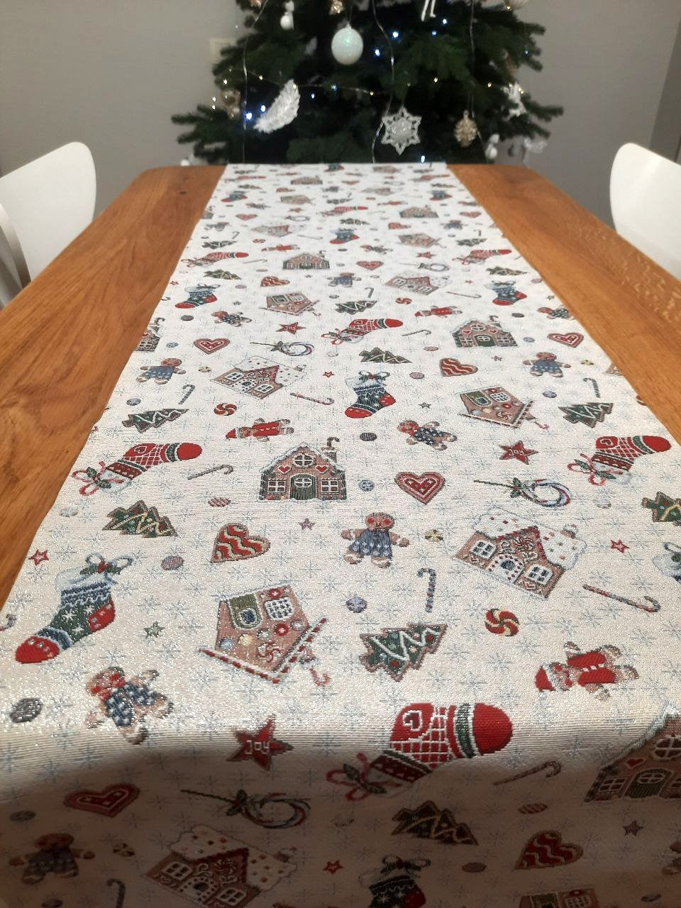 Christmas Tapestry Table Runner "Winter's fun" with silver thread