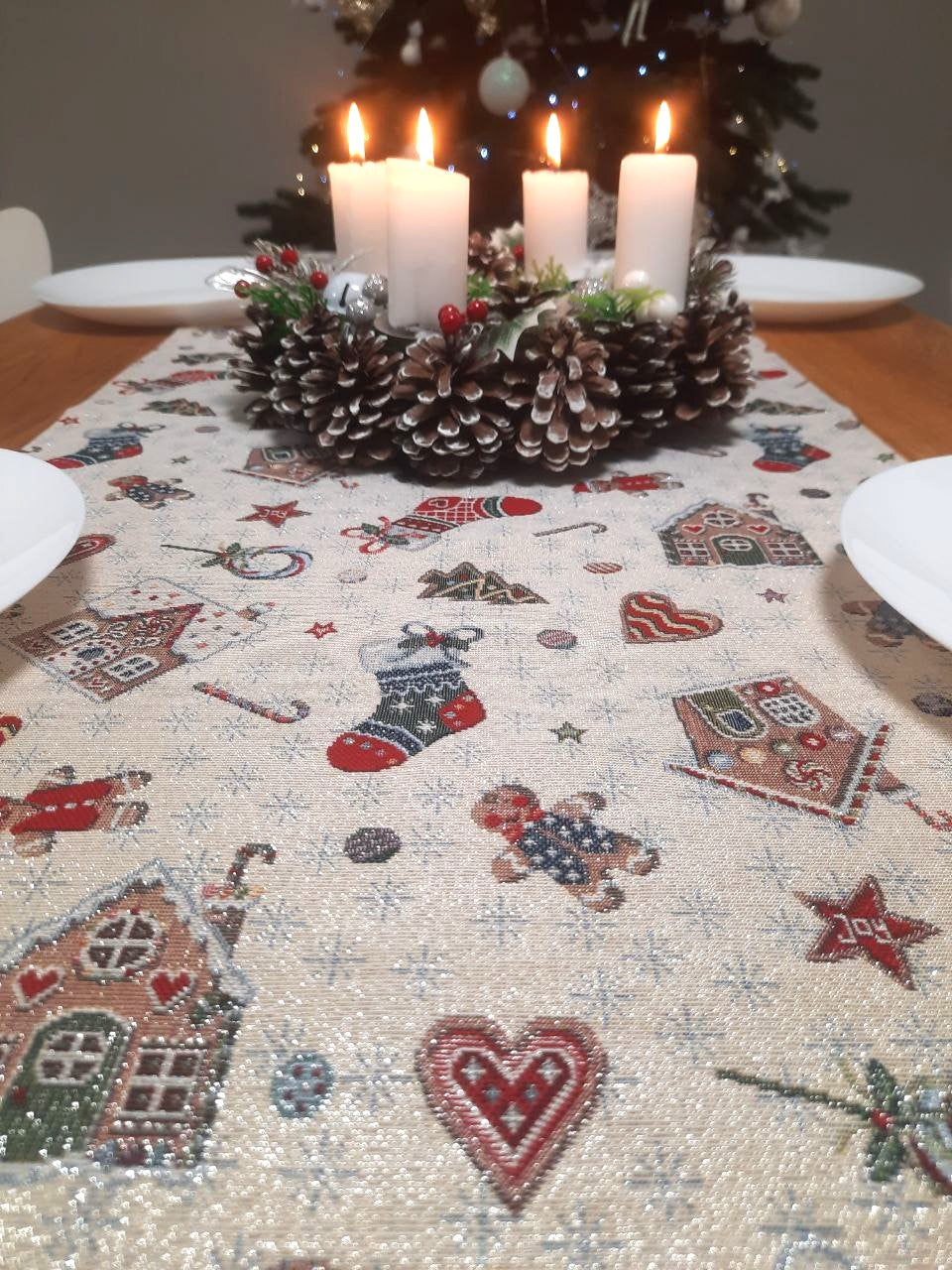 Christmas Tapestry Table Runner "Winter's fun" with silver thread