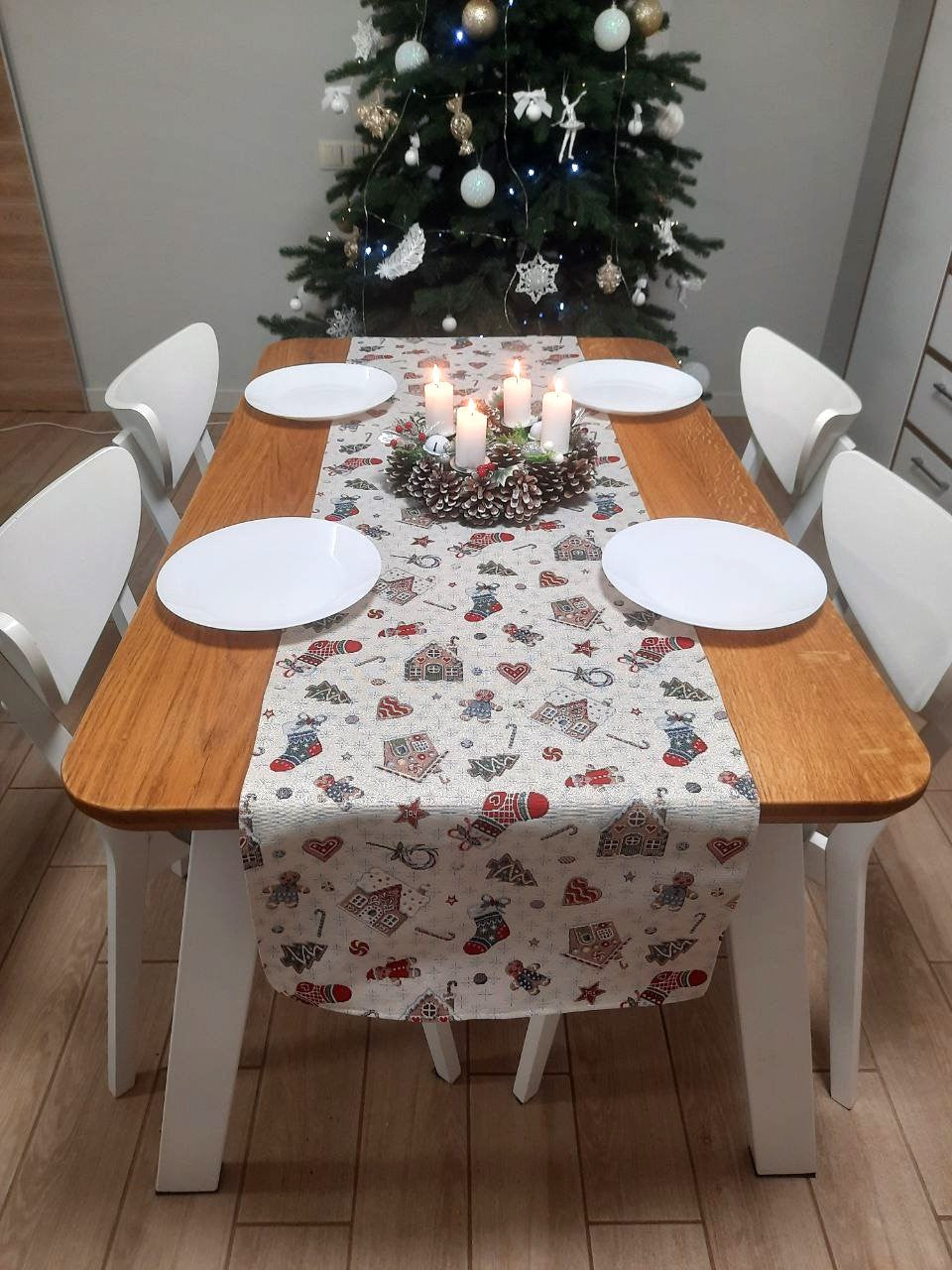 Christmas Tapestry Table Runner "Winter's fun" with silver thread Limaso Textile