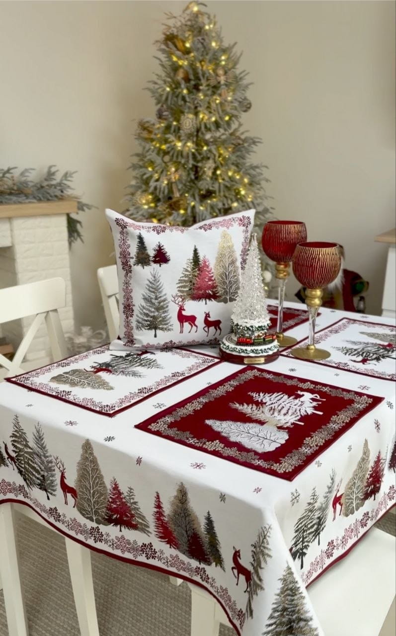 Winter Holiday Placemat set «Nordic Forest» with golden thread - High quality tapestry