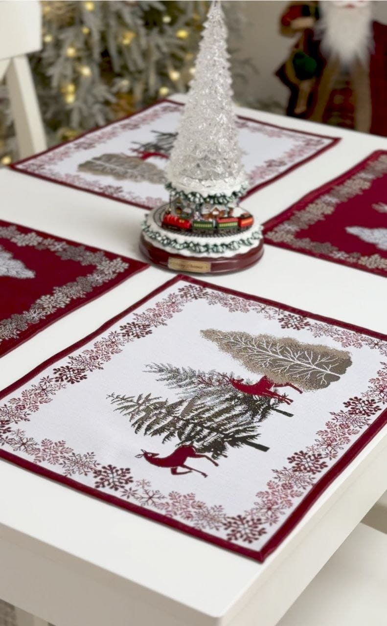 Winter Holiday Placemat set «Nordic Forest» with golden thread - High quality tapestry