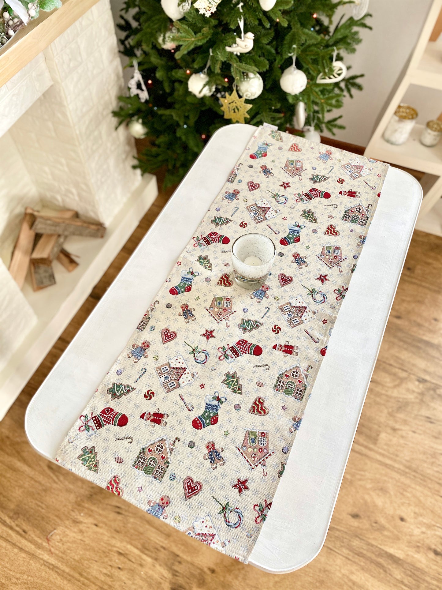 Christmas Tapestry Table Runner "Winter's fun" with silver thread