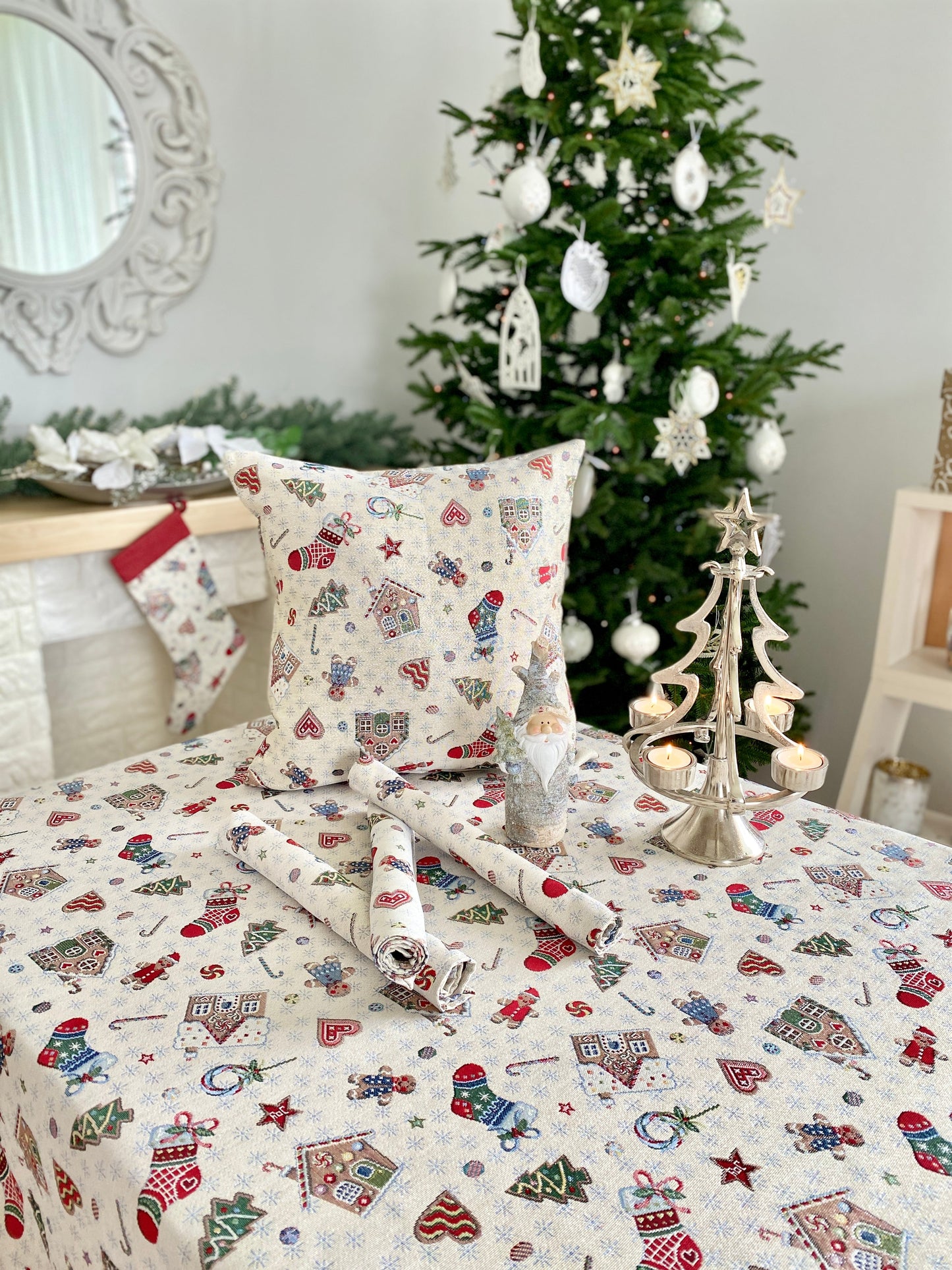 Buy Christmas Round Tapestry Tablecloth "Winter's fun" with silver thread UK Textil4Family