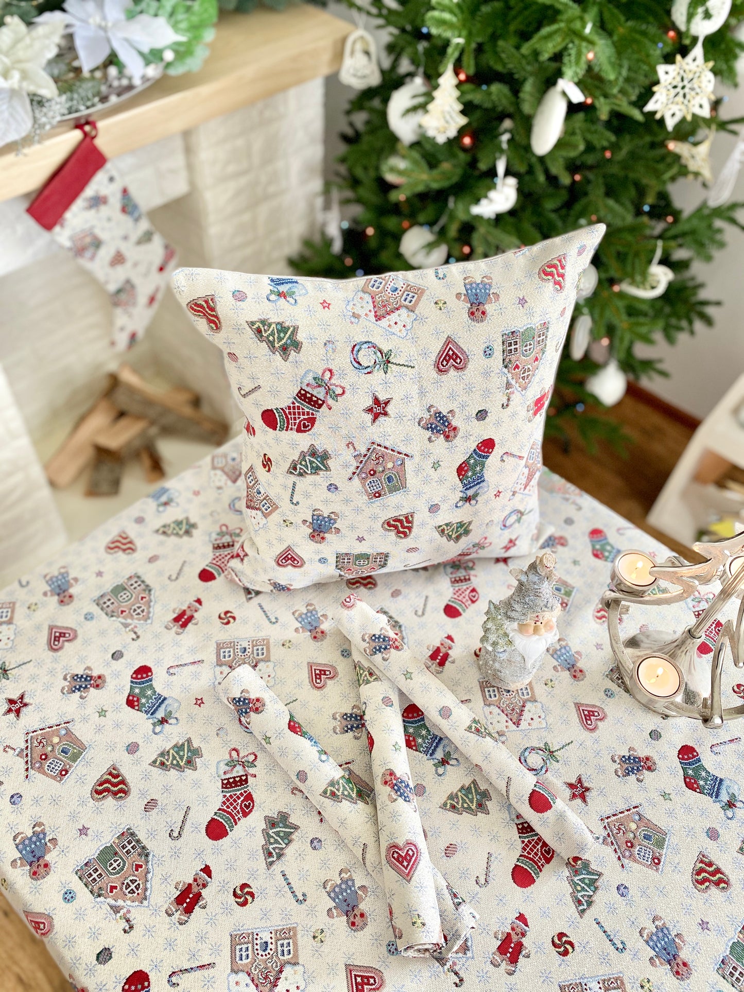 Buy Christmas Round Tapestry Tablecloth "Winter's fun" with silver thread UK Textil4Family