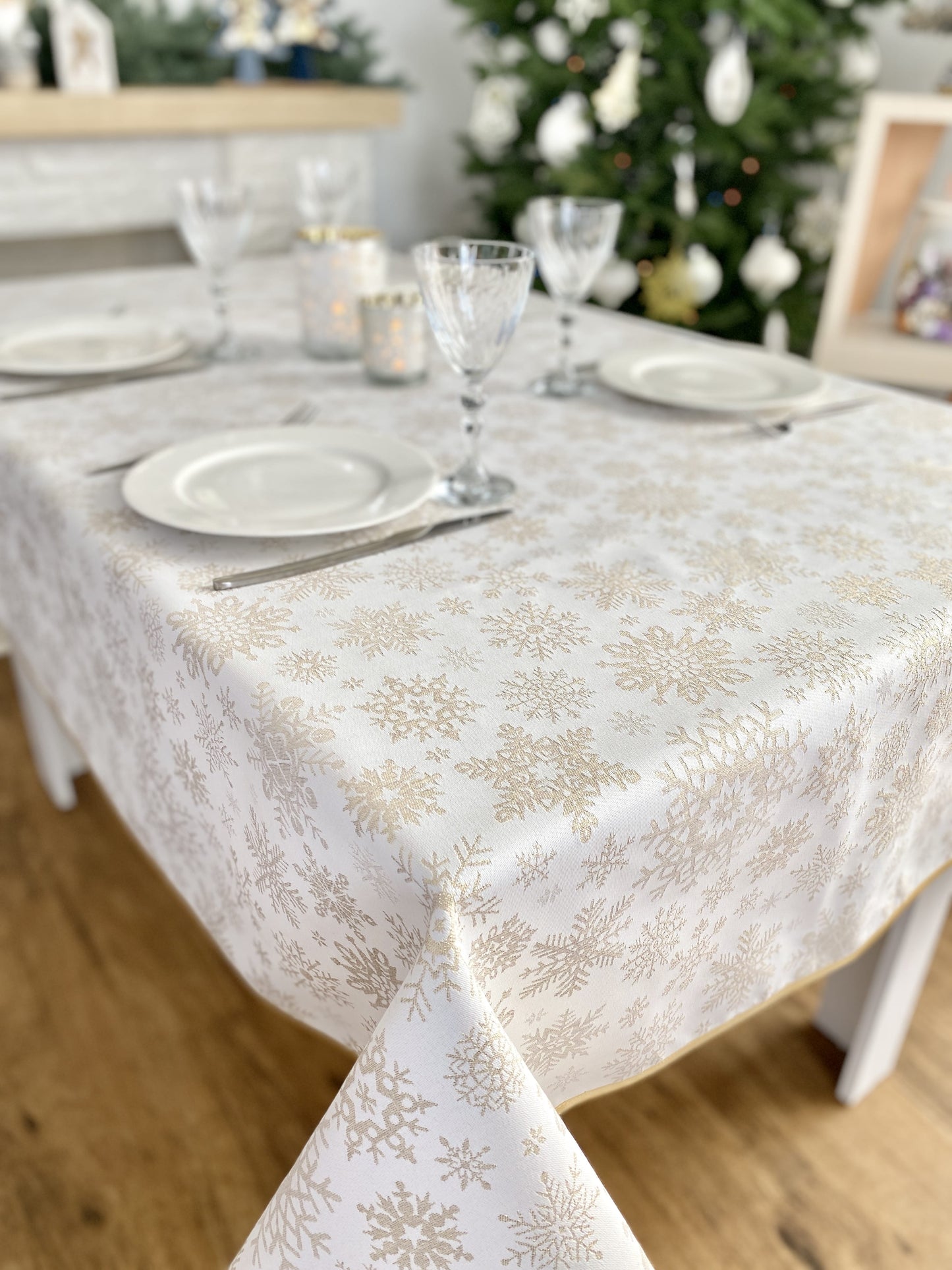 Buy Christmas Tablecloth Double-sided with Teflon coating "Snowfall" (golden lurex) UK Textil4Family
