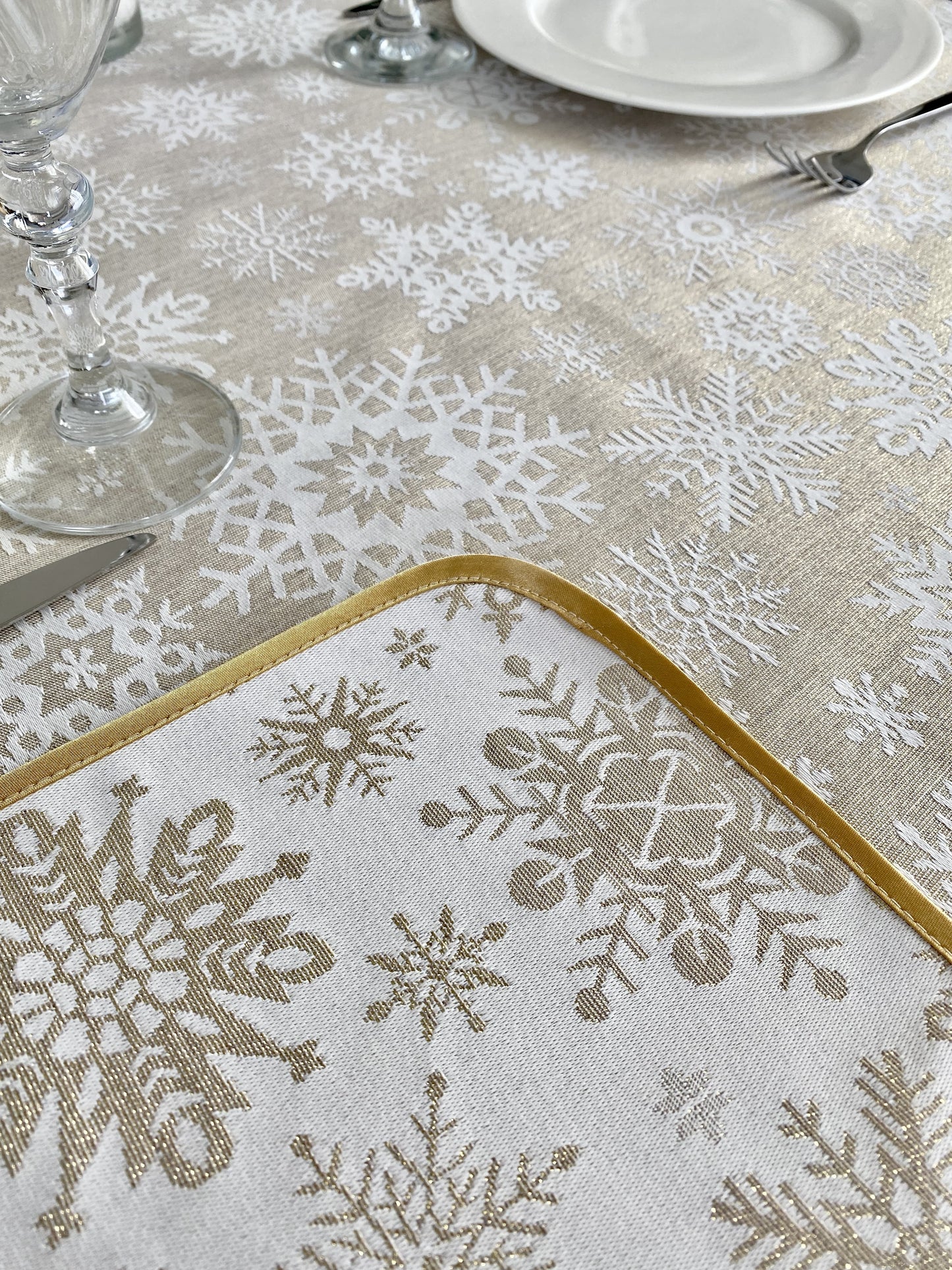 Buy Christmas Tablecloth Double-sided with Teflon coating "Snowfall" (golden lurex) UK Textil4Family