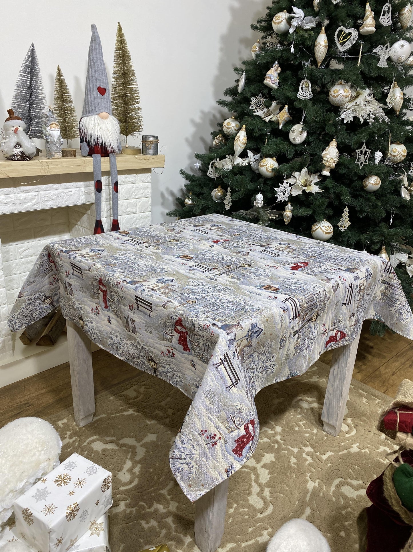 Christmas tapestry Tablecloth "Winter walk" with silver thread