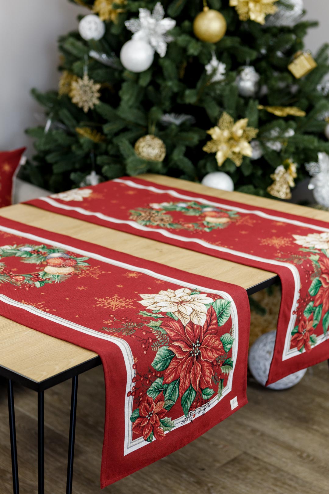 Christmas Table Runner  «Present» with Golden Lurex - Premium Gobelin - Textile4Family