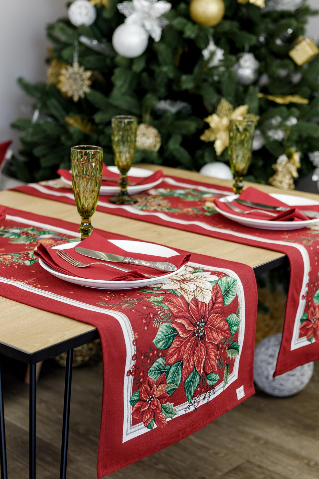 Christmas Table Runner  «Present» with Golden Lurex - Premium Gobelin - Textile4Family