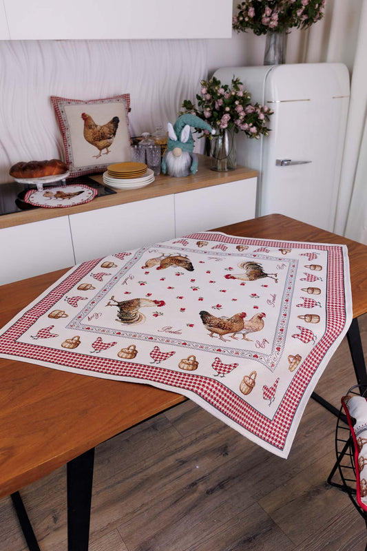 Square tablecloth «Rooster/Chicken» - Premium Gobelin - Textile4Family