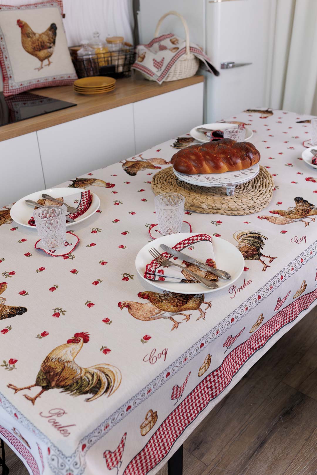 Rectangular tablecloth «Rooster/Chicken» - Premium Gobelin - Textile4Family