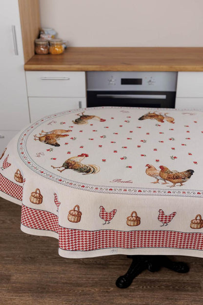Oval Tablecloth «Rooster/Chicken» - Premium Gobelin - Textile4Family
