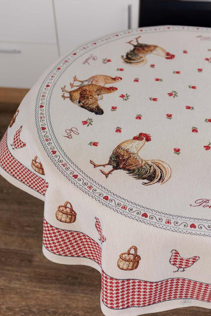 Round Tablecloth «Rooster/Chicken» - Premium Gobelin - Textile4Family