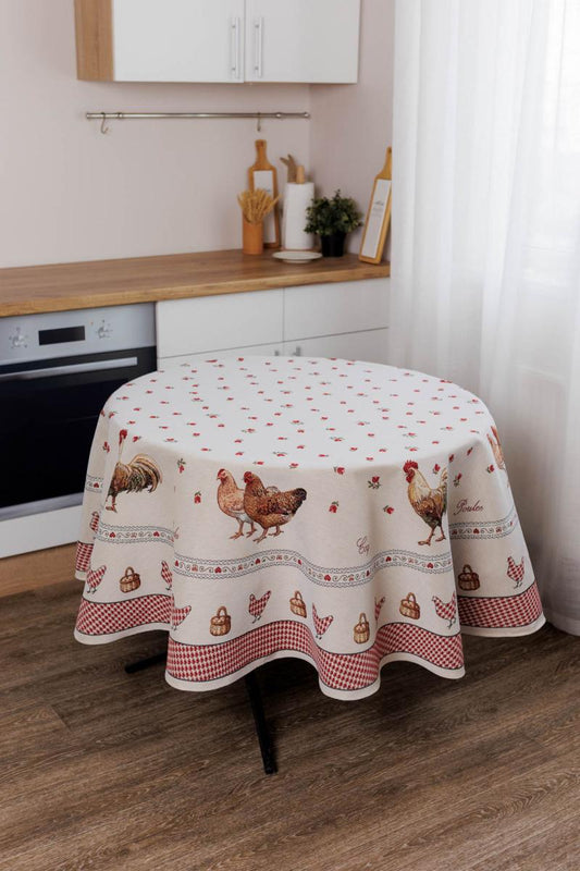 Round Tablecloth «Rooster/Chicken» - Premium Gobelin - Textile4Family