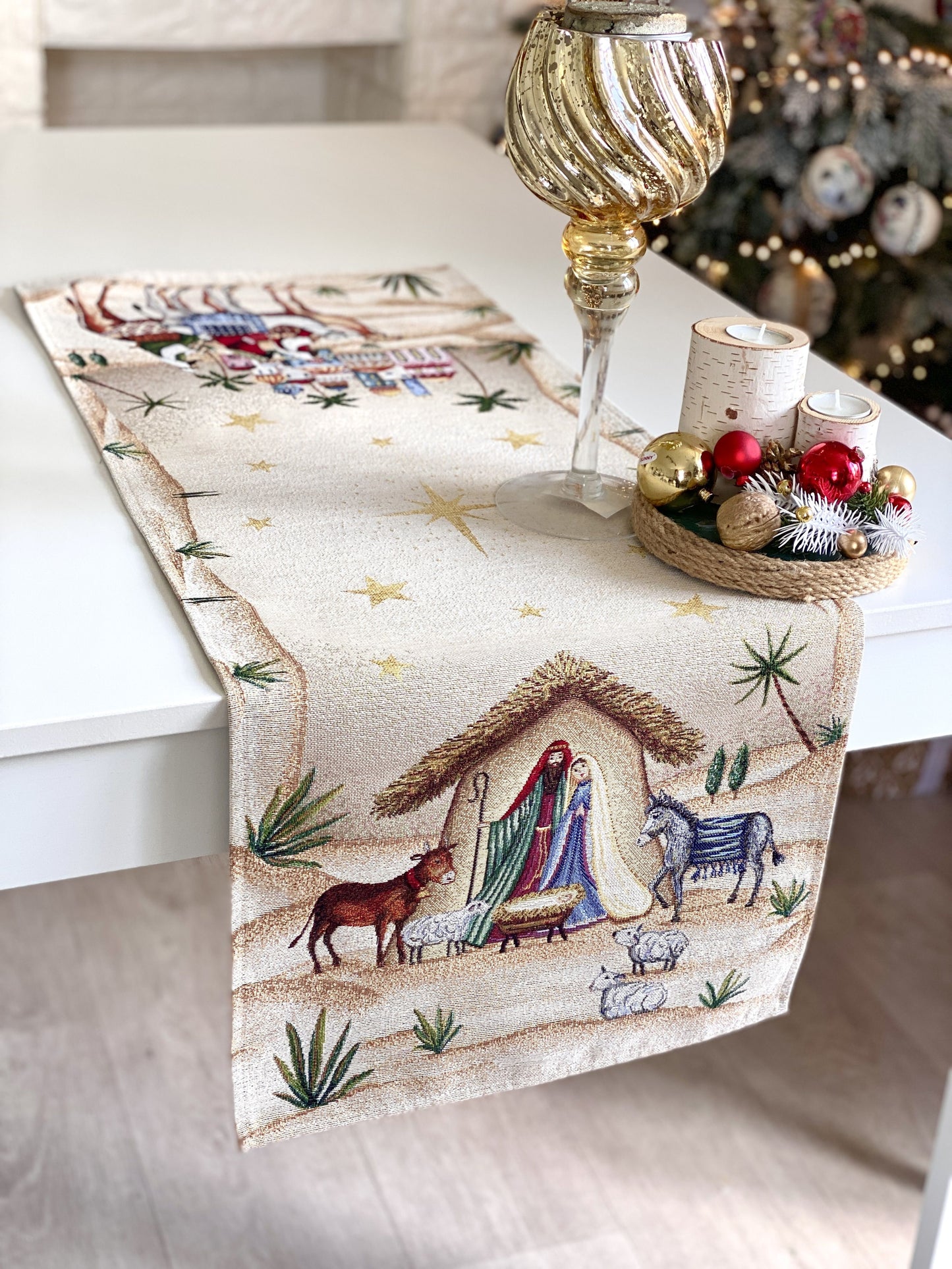 Christmas Table Runner  «Adara» with Golden Lurex - Luxury Tapestry