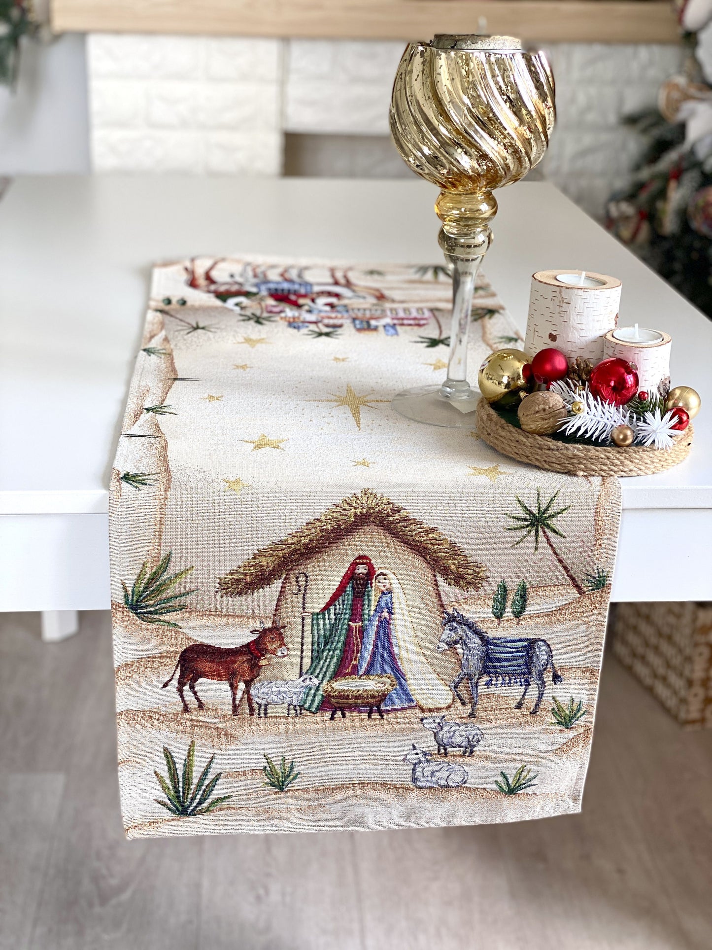 Christmas Table Runner  «Adara» with Golden Lurex - Luxury Tapestry